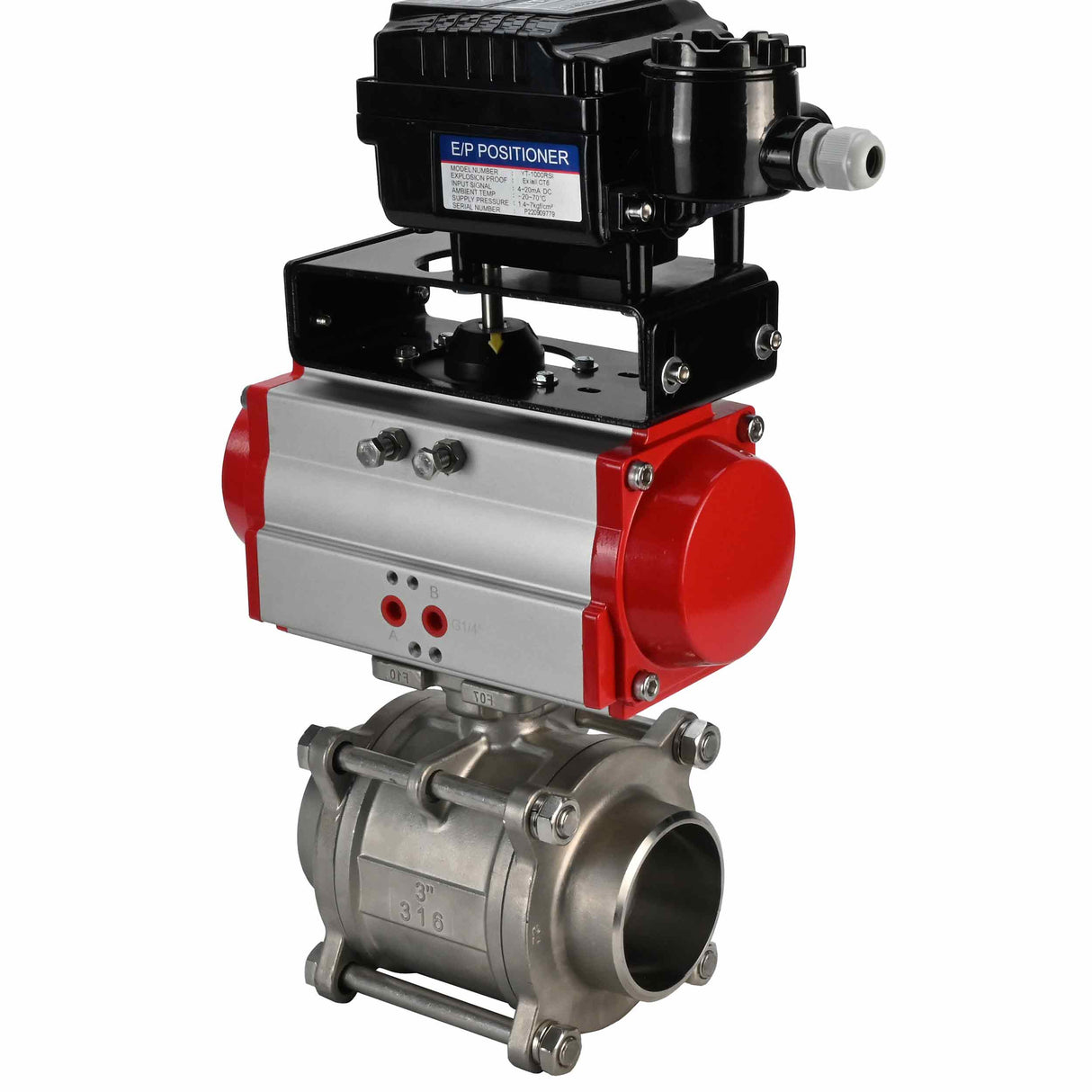Robinet à boisseau sphérique en acier inoxydable Elephant kshpp-316200-sa-yt1000rsi, matériau du corps - acier inoxydable AISI 316, matériau de la bille - acier inoxydable AISI 316, joint - PTFE, actionné par actionneur pneumatique