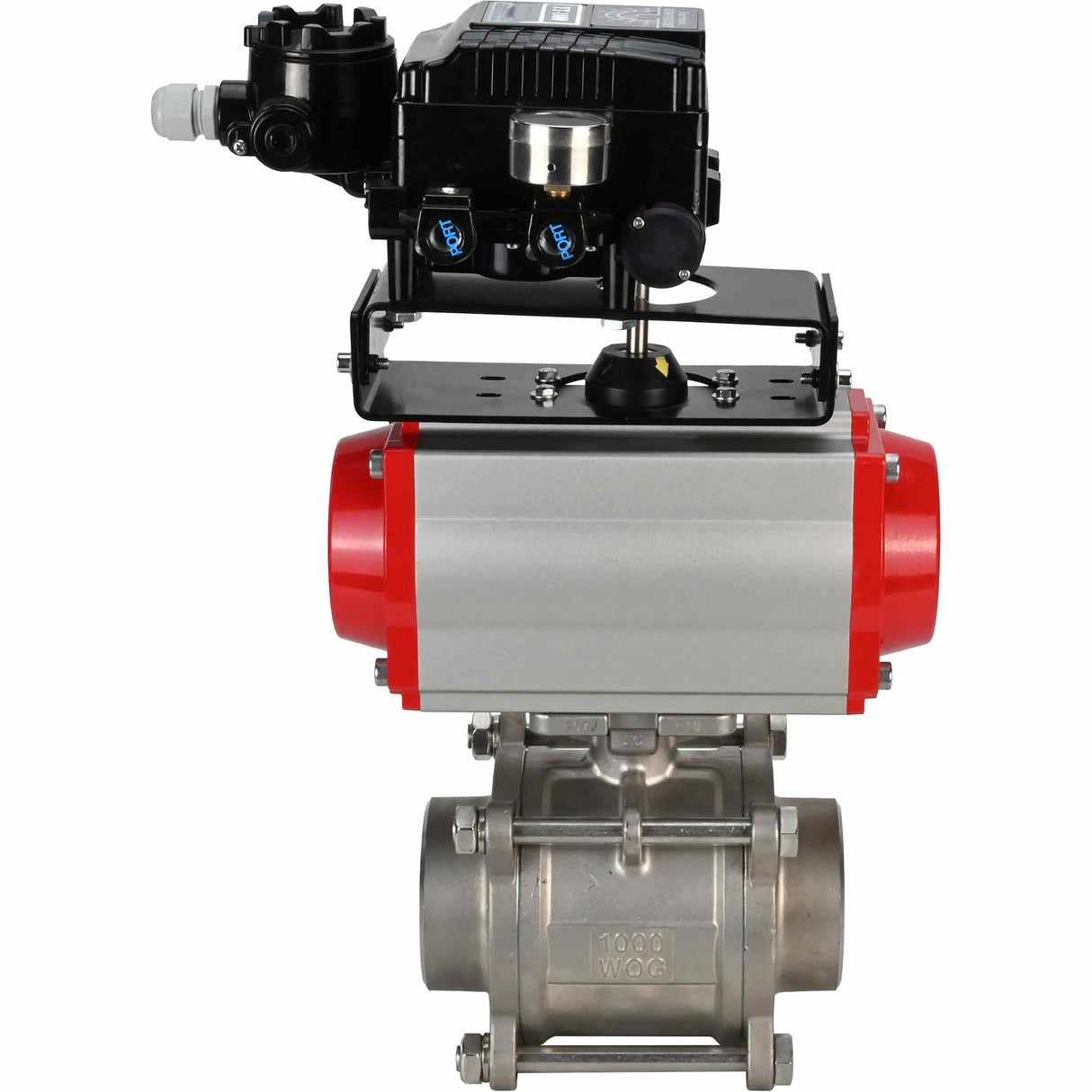 Robinet à boisseau sphérique en acier inoxydable Elephant kshpp-316200-sa-yt1000rsn, matériau du corps - acier inoxydable AISI 316, matériau de la bille - acier inoxydable AISI 316, joint - PTFE, actionné par actionneur pneumatique