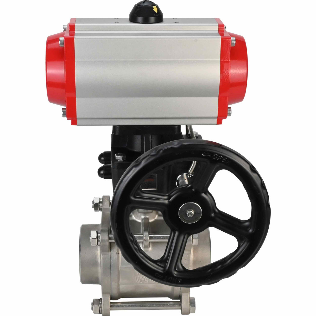 Robinet à boisseau sphérique en acier inoxydable Elephant kshpp-316200-da-hdm, matériau du corps - acier inoxydable AISI 316, matériau de la bille - acier inoxydable AISI 316, joint - PTFE, actionné par actionneur pneumatique