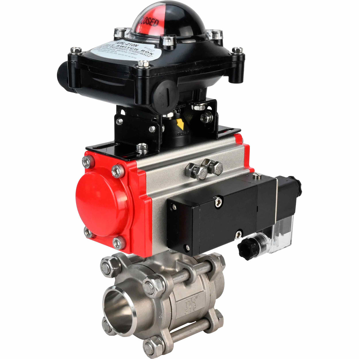 Robinet à boisseau sphérique en acier inoxydable Elephant kshpp-316200-sa-4m310-110/220-apl210n, matériau du corps - acier inoxydable AISI 316, matériau de la bille - acier inoxydable AISI 316, joint - PTFE, actionné par actionneur pneumatique