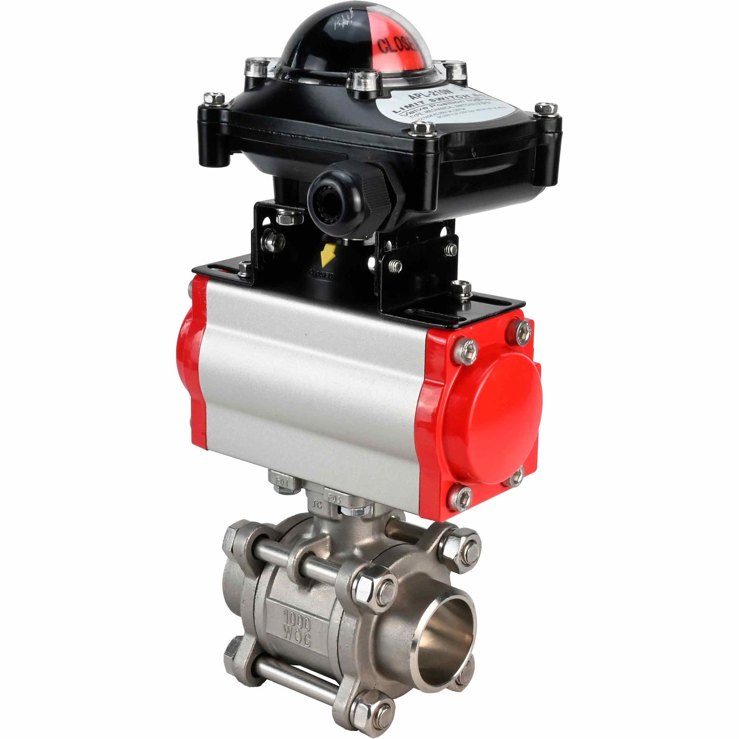 Robinet à boisseau sphérique en acier inoxydable Elephant kshpp-316200-da-4m310-110/220-apl210n, matériau du corps - acier inoxydable AISI 316, matériau de la bille - acier inoxydable AISI 316, joint - PTFE, actionné par actionneur pneumatique