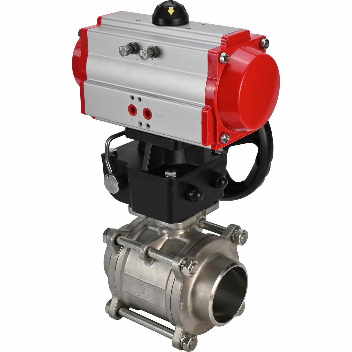 Robinet à boisseau sphérique en acier inoxydable Elephant kshpp-316200-da-hdm, matériau du corps - acier inoxydable AISI 316, matériau de la bille - acier inoxydable AISI 316, joint - PTFE, actionné par actionneur pneumatique