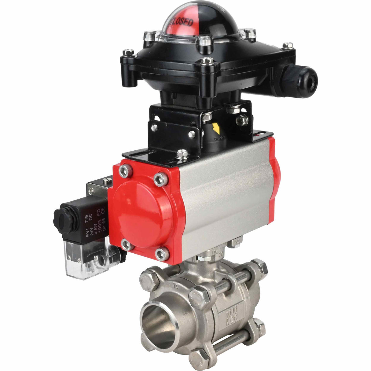 Robinet à boisseau sphérique en acier inoxydable Elephant kshpp-316200-sa-4m310-110/220-apl210n, matériau du corps - acier inoxydable AISI 316, matériau de la bille - acier inoxydable AISI 316, joint - PTFE, actionné par actionneur pneumatique