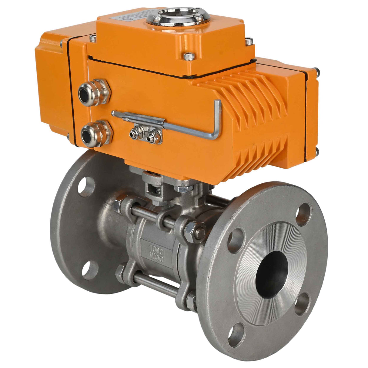 Robinets à boisseau sphérique Elephant BV3131P(3pc)-FP-F-ISO-H trois pièces, passage intégral, à brides, corps - acier inoxydable SS304, joint - PTFE, avec entraînement électrique 1/4 de tour QT-N-EM-O1-380VAC-U1 380V HARK