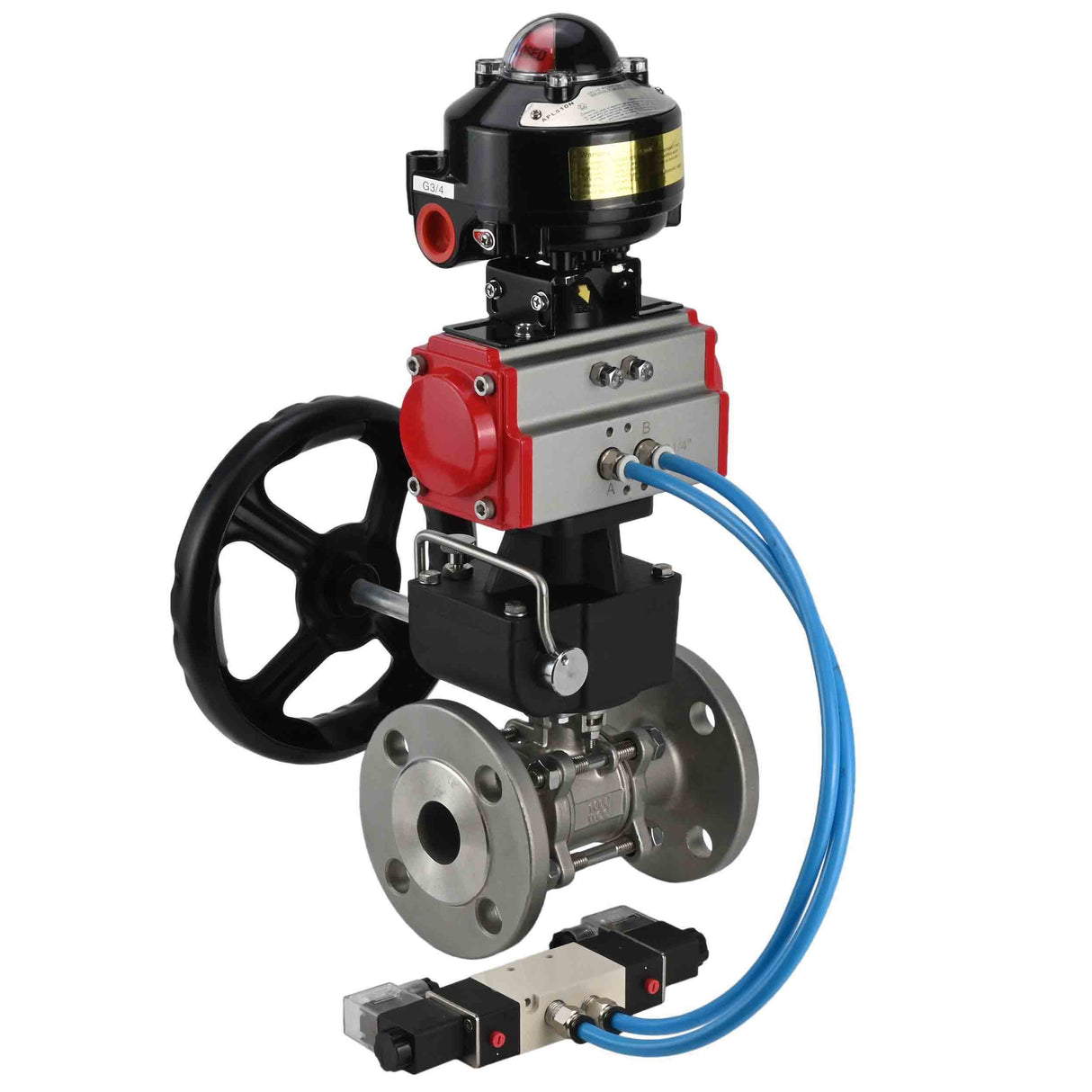 Ball valves Elephant BV3131P(3pc)-FP-F-ISO-H flanged, full bore, three-piece, stainless steel body. steel SS304, seal - PTFE, with pneumatic drive Elephant PA-DA 052-130 pneumatic distributor 4V320-10 gearbox MON LSU APL-510N-EX