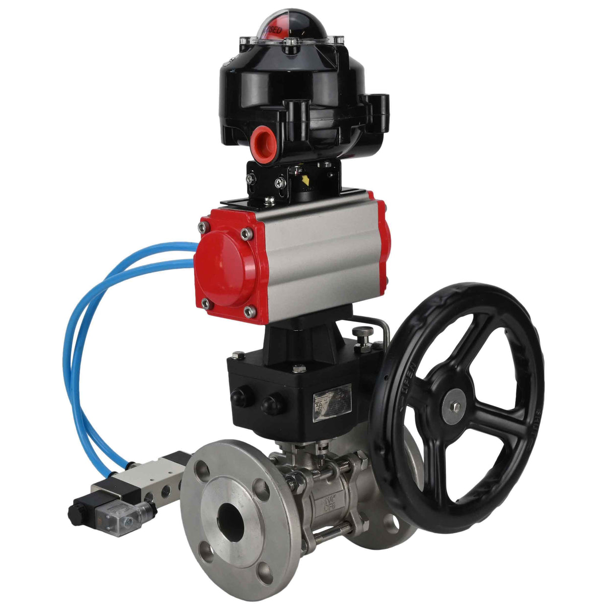 Ball valves Elephant BV3131P(3pc)-FP-F-ISO-H flanged, full bore, three-piece, stainless steel body. steel SS304, seal - PTFE, with pneumatic drive Elephant PA-DA 052-130 pneumatic distributor 4V320-08 gearbox MON LSU APL-510N-EX