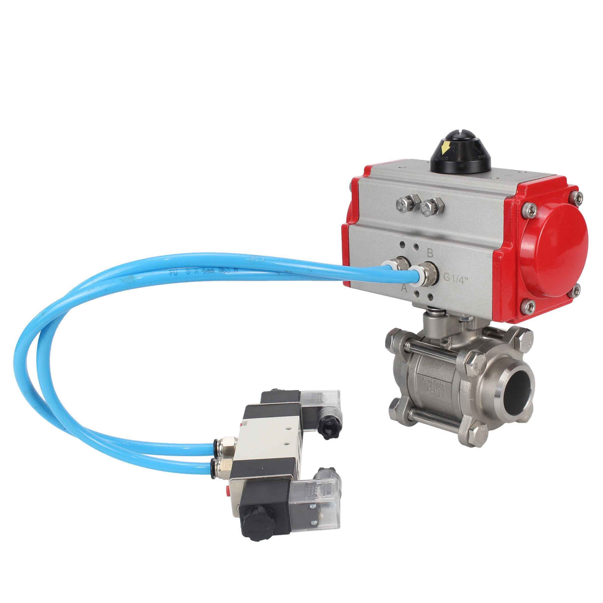 Vannes à boisseau sphérique Elephant BV3232P(3pc)-FP-W-ISO-H 16 bar/25, passage intégral à souder, acier inoxydable SS316, joint - PTFE, avec actionneur pneumatique double effet PA-DA, avec distributeur pneumatique 4V320-08 220V