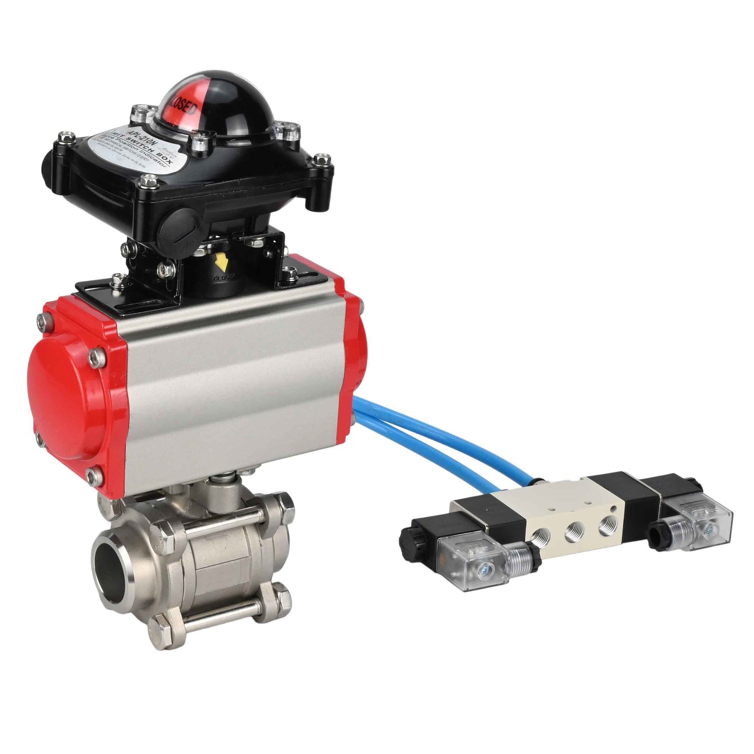 Vannes à boisseau sphérique Elephant BV3232P(3pc)-FP-W-ISO-H 16 bar/25, passage intégral à souder, acier inoxydable SS316, joint - PTFE, avec actionneur pneumatique double effet PA-DA, avec distributeur pneumatique 4V320-10 220V, avec BKV APL-210N