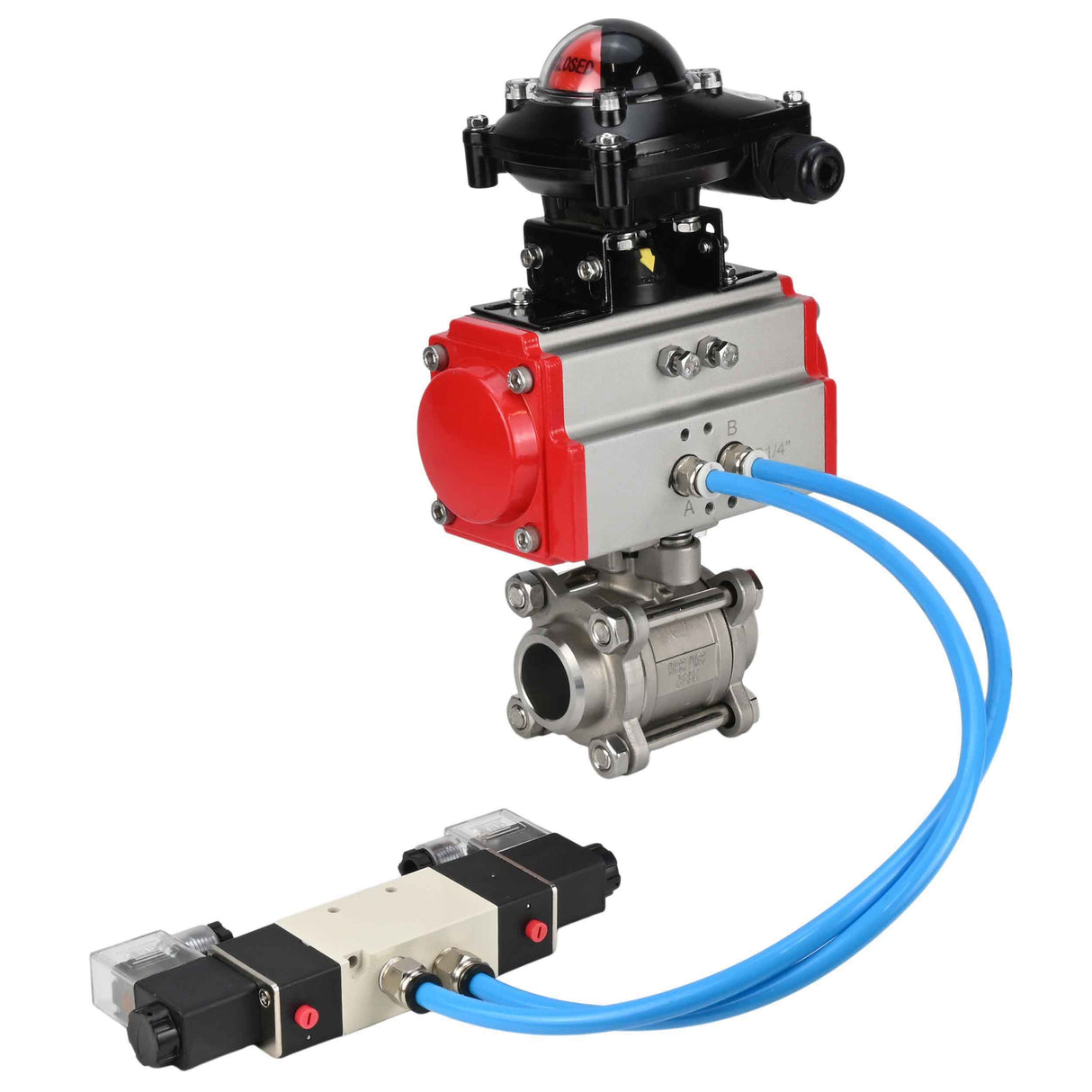 Vannes à boisseau sphérique Elephant BV3232P(3pc)-FP-W-ISO-H 16 bar/25, passage intégral à souder, acier inoxydable SS316, joint - PTFE, avec actionneur pneumatique double effet PA-DA, avec distributeur pneumatique 4V320-08 220V, avec BKV APL-210N