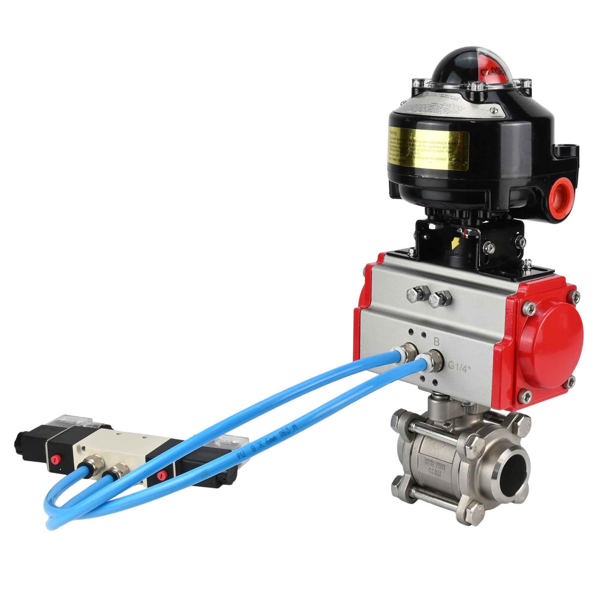 Vannes à boisseau sphérique Elephant BV3232P(3pc)-FP-W-ISO-H à souder, passage intégral, corps - acier inoxydable SS316, joint - PTFE, avec actionneur pneumatique Elephant PA-DA 052- 083 distributeur pneumatique 4V320-08 raccordement DN8 BKV APL-510N-EX