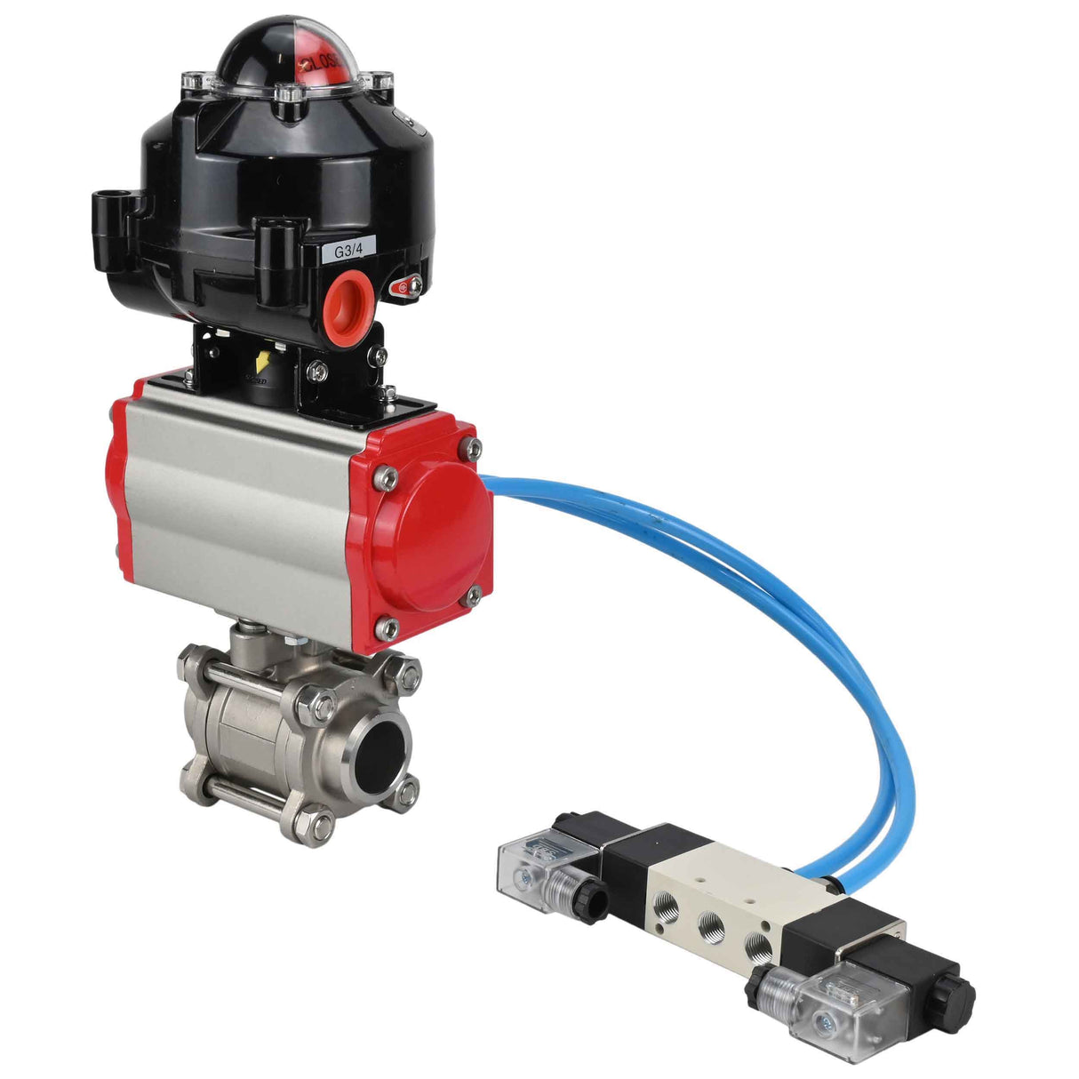 Vannes à boisseau sphérique Elephant BV3232P(3pc)-FP-W-ISO-H à souder, passage intégral, corps - acier inoxydable SS316, joint - PTFE, avec actionneur pneumatique Elephant PA-SA 052- 130 distributeur pneumatique 4V320-10 raccordement DN10 BKV APL-510N-EX
