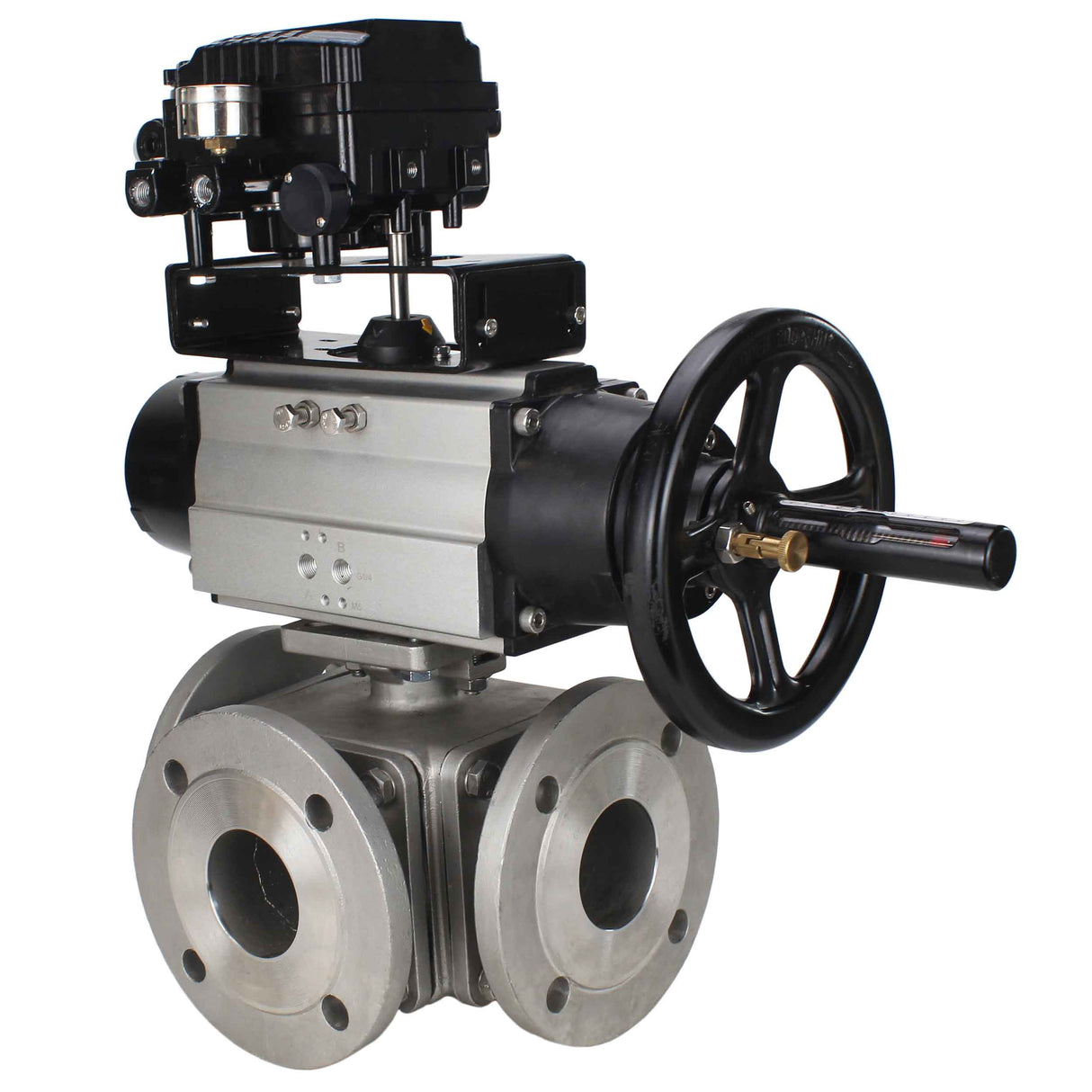 Ball valves Elephant BV3232P(4pc)-FP-3WL-F-ISO-H DN100 16 bar full bore, flanged, body - stainless steel SS316, ISO flange F10/F12, square 19x19, with double pneumatic actuator PA-DA-105-1 action and pneumatic positioner YT-1000RSN with feedback