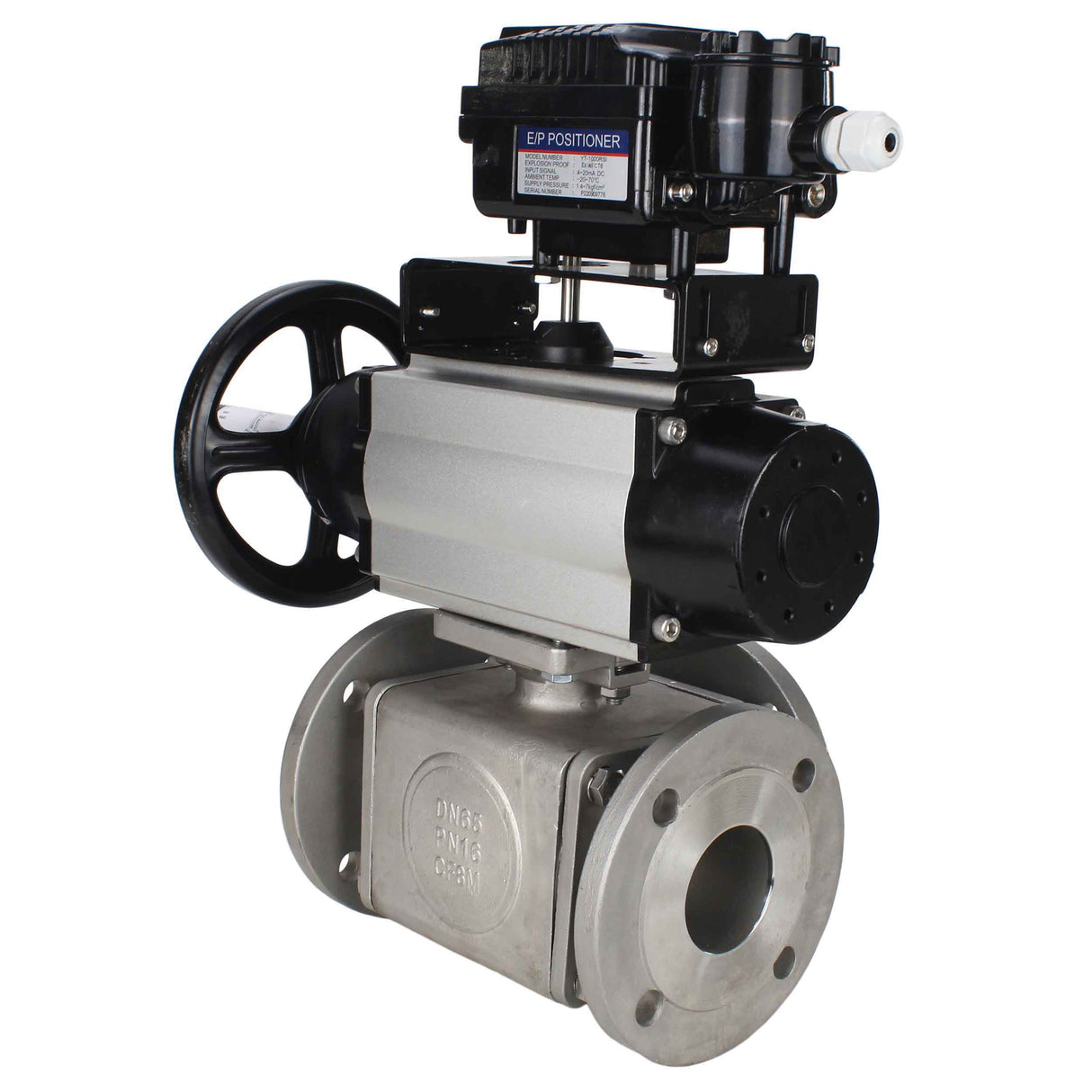 Ball valves Elephant BV3232P(4pc)-FP-3WL-F-ISO-H DN100 16 bar full bore, flanged, body - stainless steel SS316, ISO flange F10/F12, square 19x19, with double pneumatic actuator PA-DA-105-1 action and pneumatic positioner YT-1000RSN without feedback