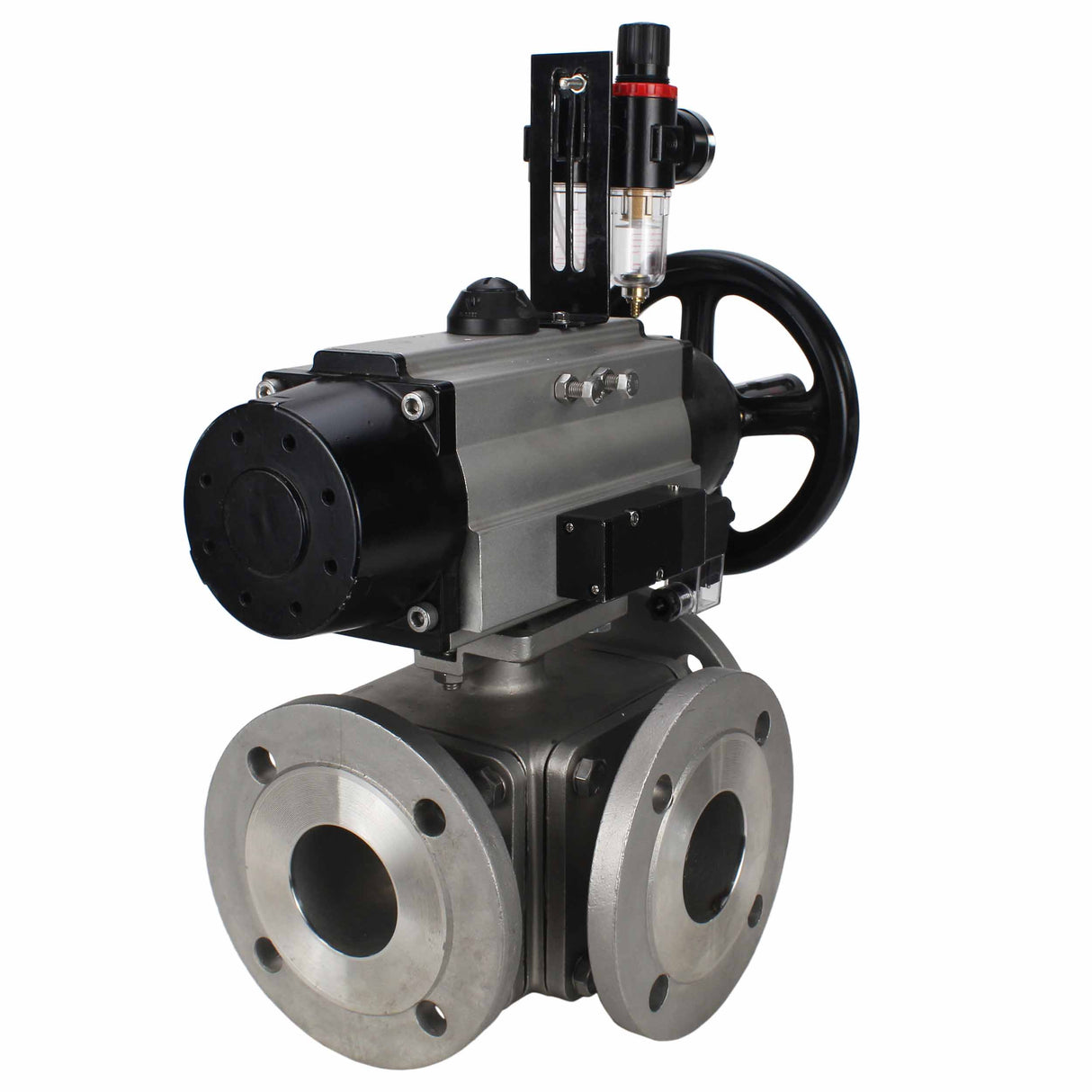 Ball valves Elephant BV3232P(4pc)-FP-3WL-F-ISO-H DN100 16 bar full bore, flanged, body - stainless steel SS316, ISO flange F10/F12, square 19x19, with double pneumatic actuator PA-DA-105-1 action, pneumatic distributor 4M310-08 NAMUR 220V and ATU AFC2000