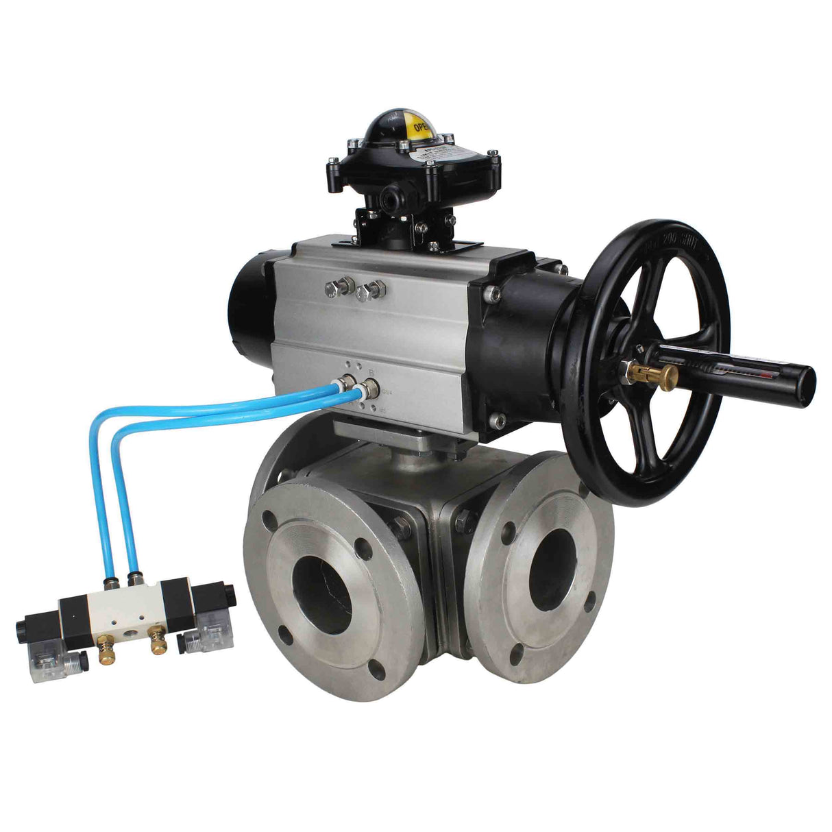 Ball valves Elephant BV3232P(4pc)-FP-3WL-F-ISO-H DN100 16 bar full bore, flanged, body - stainless steel SS316, ISO flange F10/F12, square 19x19, with double pneumatic actuator PA-DA-105-1 action, pneumatic distributor 4V320-10 220V and LSU APL-210N