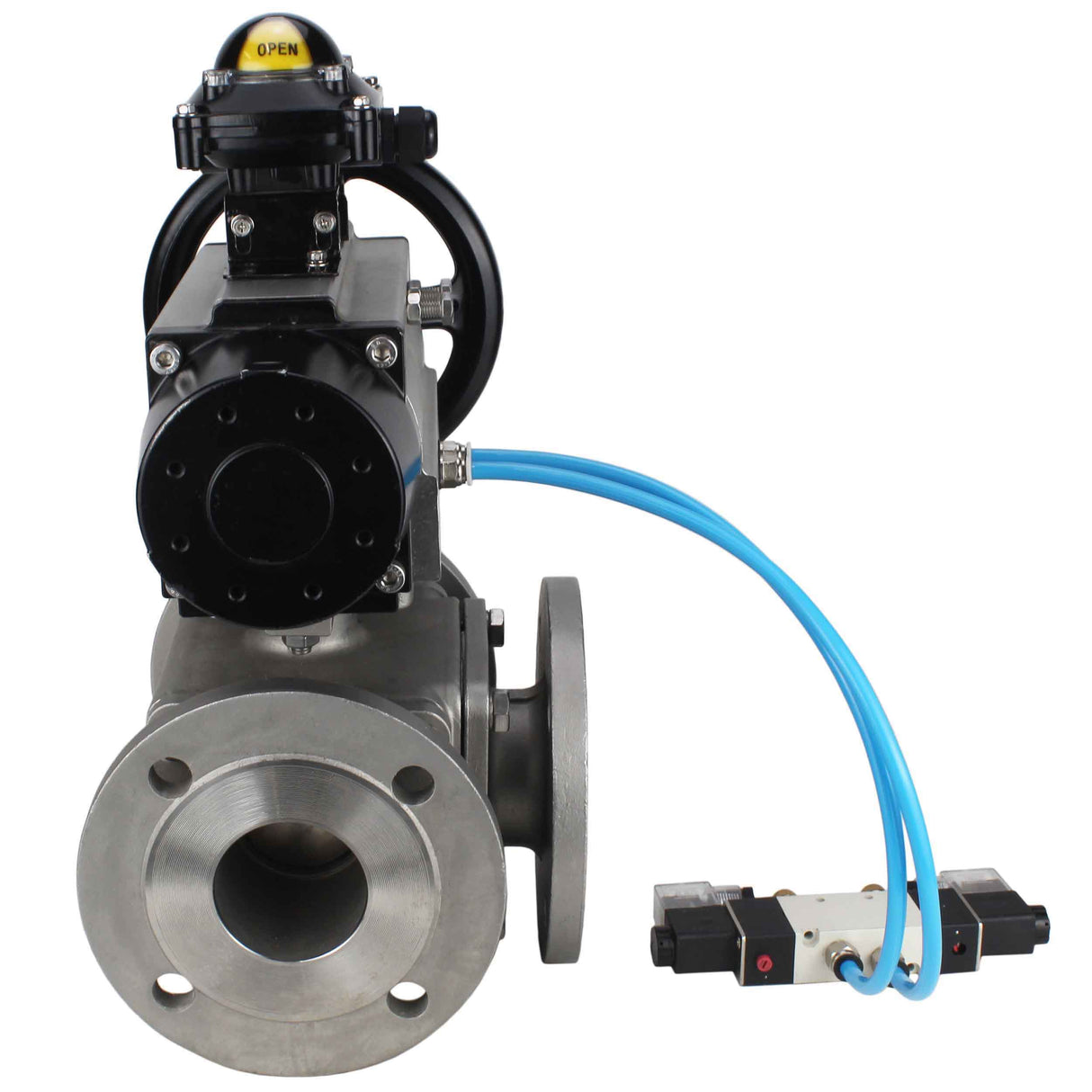 Ball valves Elephant BV3232P(4pc)-FP-3WL-F-ISO-H DN100 16 bar full bore, flanged, body - stainless steel SS316, ISO flange F10/F12, square 19x19, with double pneumatic actuator PA-DA-105-1 action, pneumatic distributor 4V320-10 220V and LSU APL-210N