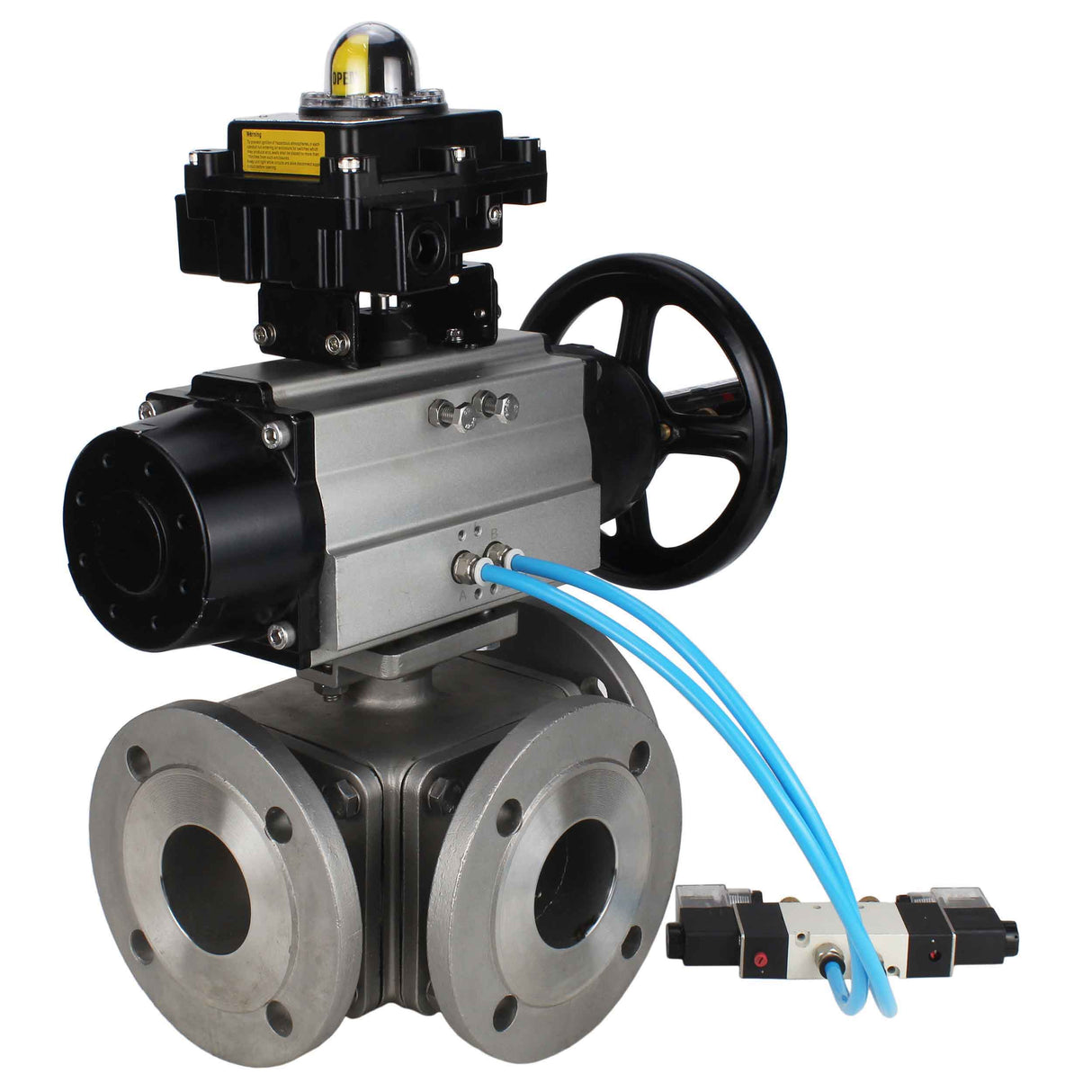 Ball valves Elephant BV3232P(4pc)-FP-3WL-F-ISO-H DN100 16 bar full bore, flanged, body - stainless steel SS316, ISO flange F10/F12, square 19x19, with double pneumatic actuator PA-DA-105-1 action, pneumatic distributor 4V320-10 220V and LSU APL-410N E