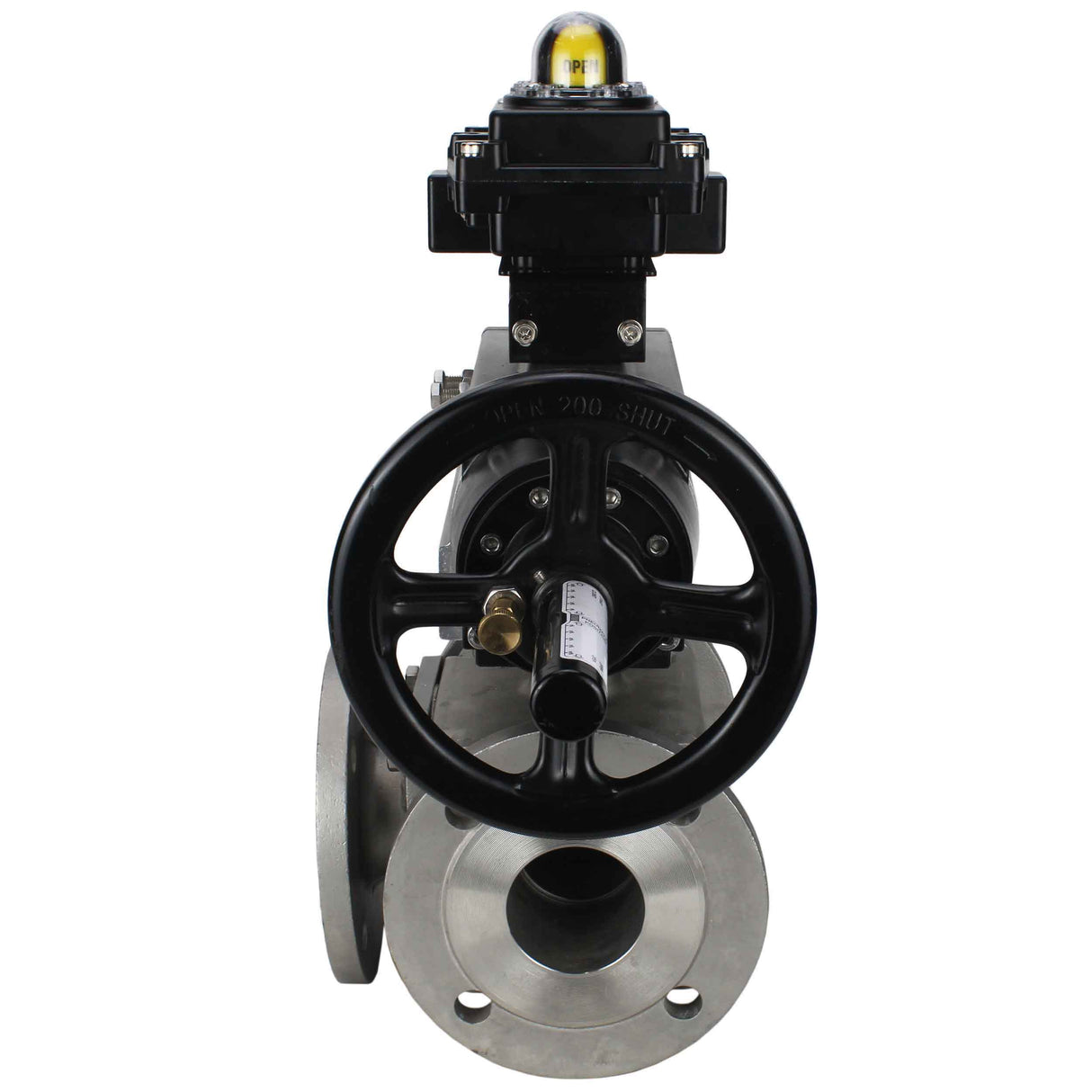 Robinets à boisseau sphérique Elephant BV3232P(4pc)-FP-3WL-F-ISO-H DN100 16 bar passage intégral, à brides, corps - acier inoxydable SS316, bride ISO F10/F12, carré 19x19, avec double actionneur pneumatique PA-DA-105-1 actions et BKV APL-410N EX