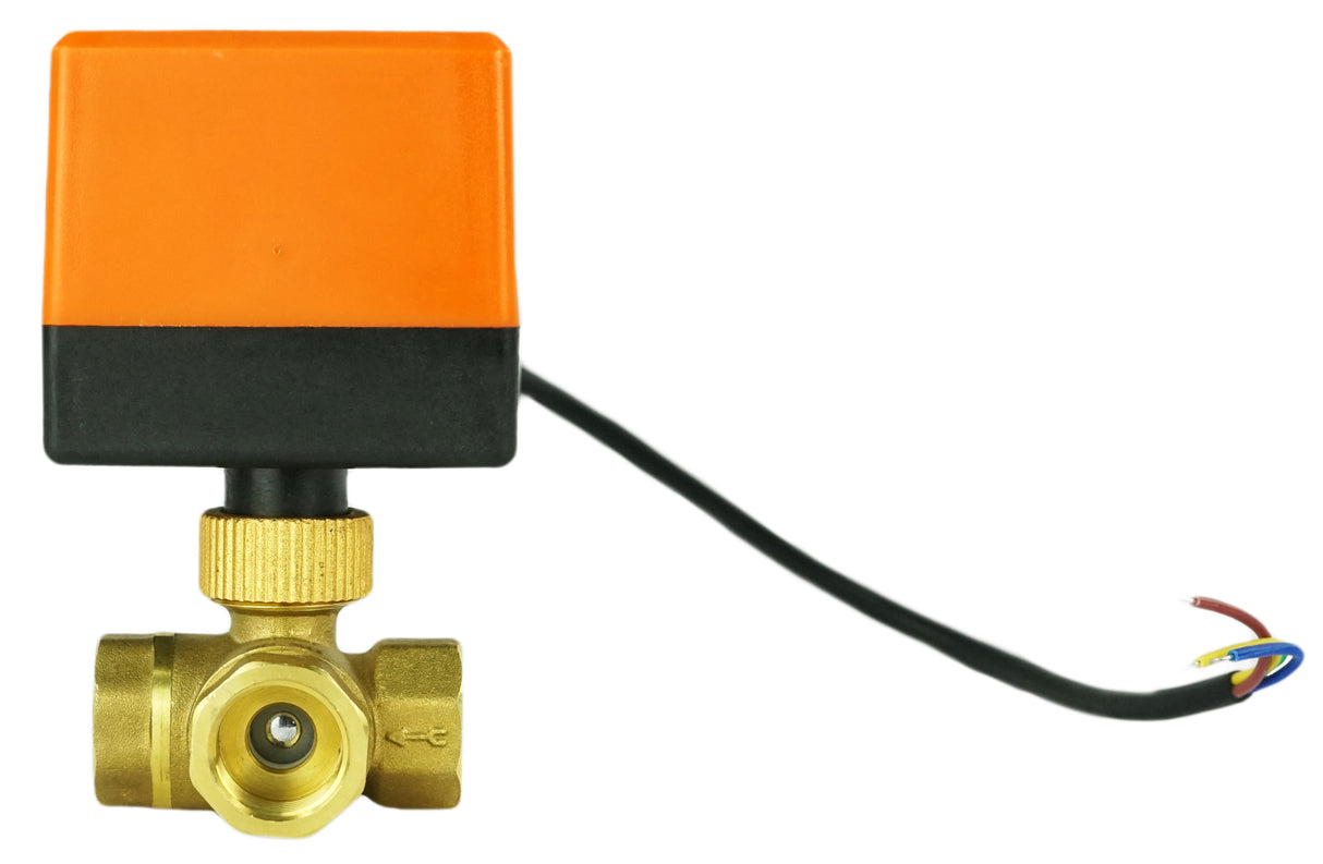 Vanne à boisseau sphérique en laiton 3 voies Filetage NPT/BSP Type T Port standard Elephant RP.BRASS.120.MM 232 PSI avec commande électrique 110VAC sans interrupteurs de fin de course
