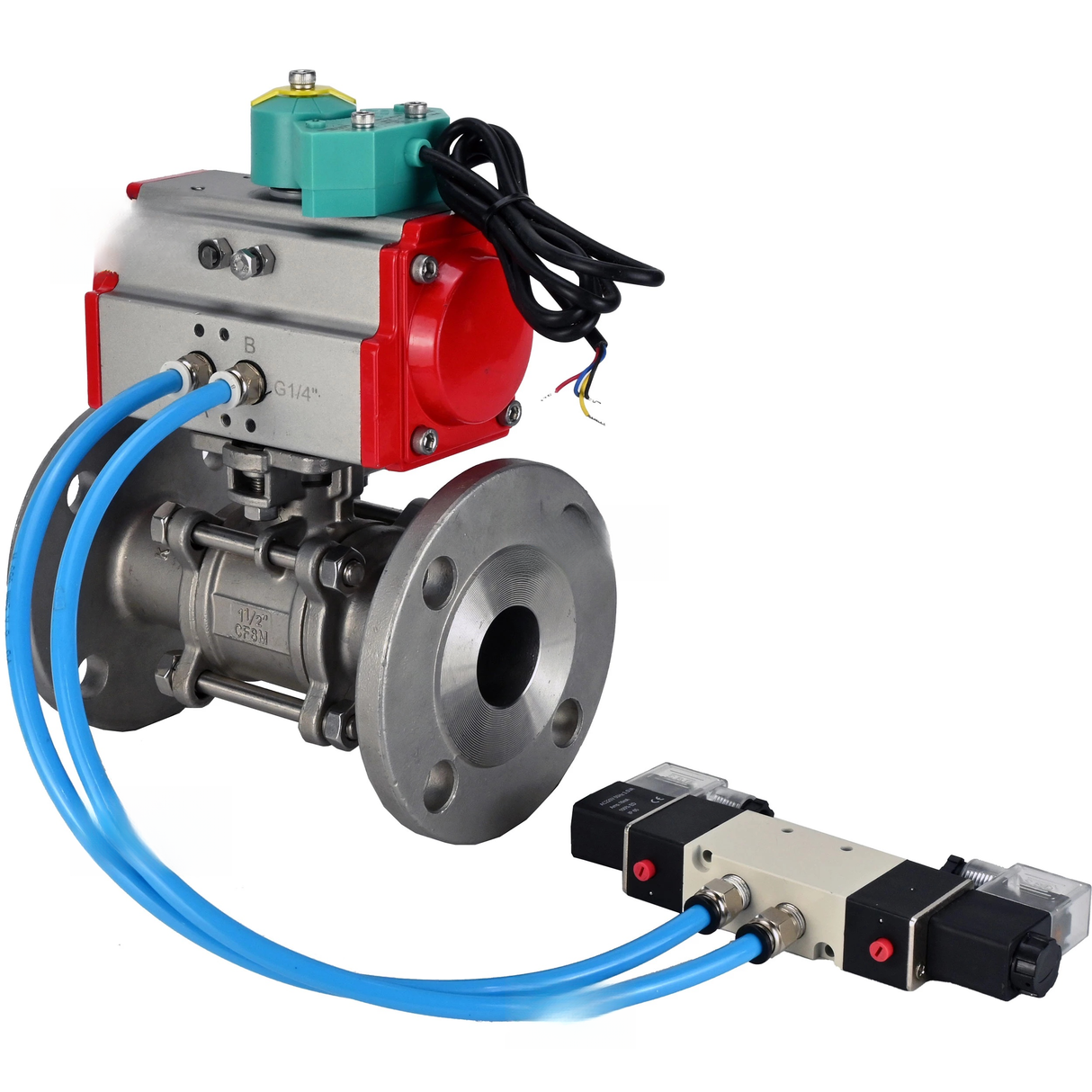 Ball valves Elephant BV3232P(3pc)-FP-F-ISO-H DN15-100 16/40 bar full-bore three-piece, flanged, 316 stainless steel, seal - PTFE, with PA-SA pneumatic actuator, pneumatic distributor 4V320-10 220V and ALS200D magnetic switch