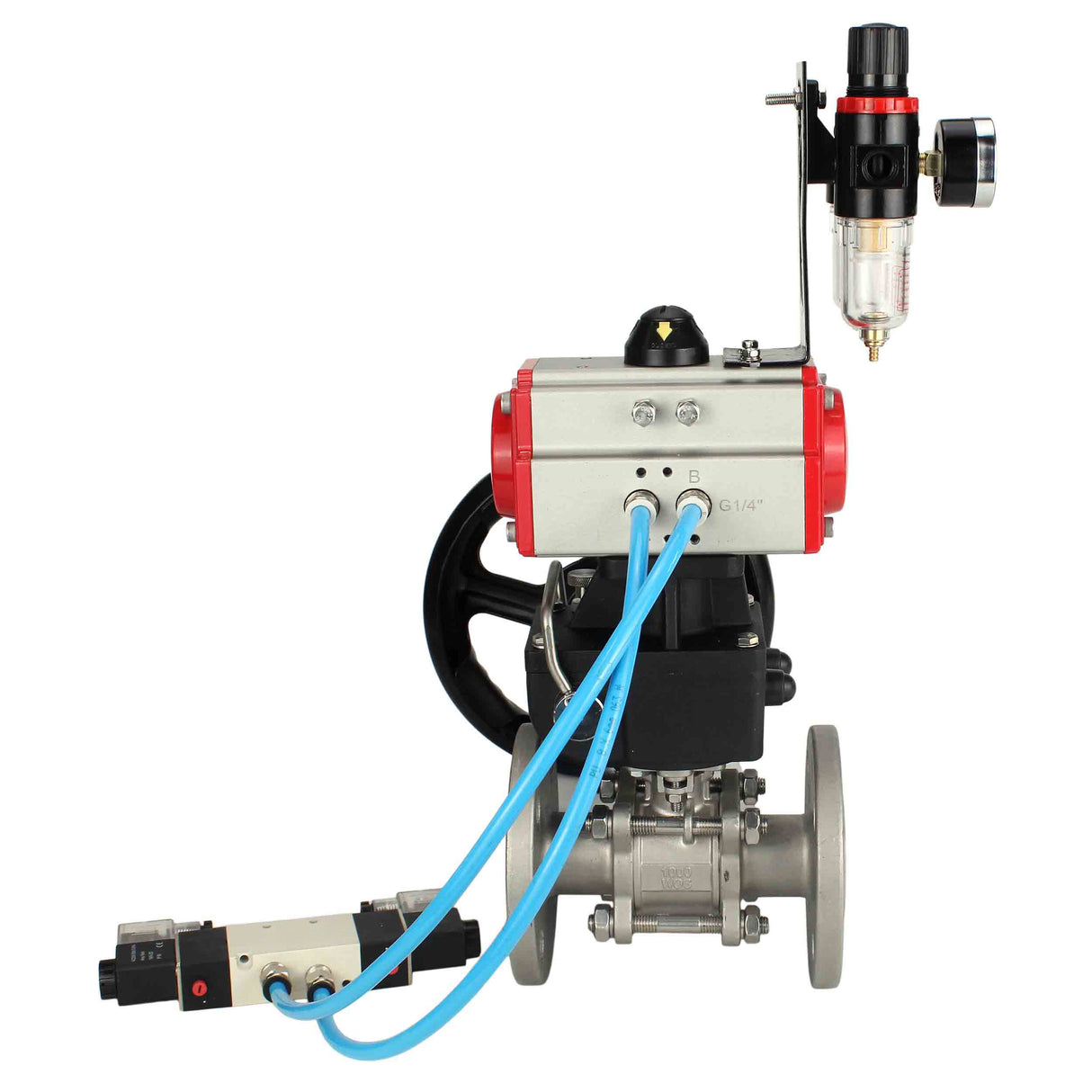 Ball valves Elephant BV3131P(3pc)-FP-F-ISO-H DN15-40 16 bar, three-piece full bore flanged, stainless steel SS304, PTFE, with double-acting PA-DA pneumatic actuator, with pneumatic distributor 4V320-08 220V, manual DNbler MON1-250-T26-ISO, with ATU AFC20