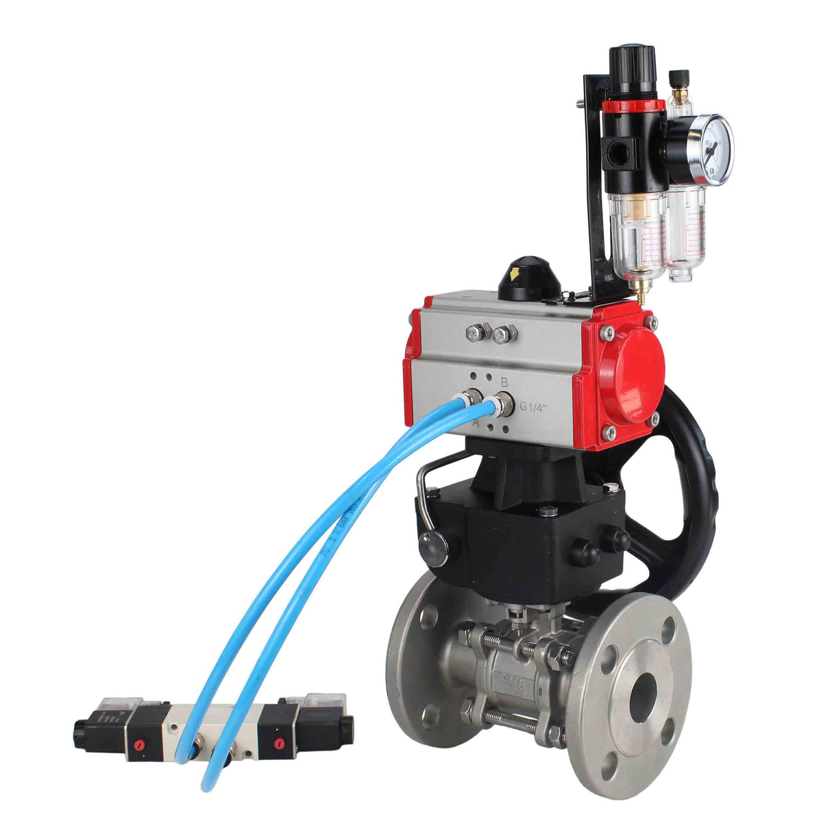 Ball valves Elephant BV3131P(3pc)-FP-F-ISO-H DN15-40 16 bar, three-piece full bore flanged, stainless steel SS304, PTFE, with double-acting PA-DA pneumatic actuator, with pneumatic distributor 4V320-08 220V, manual DNbler MON1-250-T26-ISO, with ATU AFC20