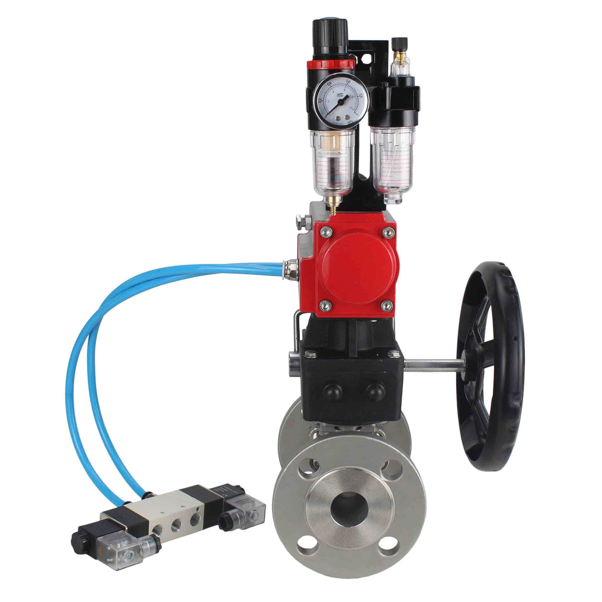 Ball valves Elephant BV3131P(3pc)-FP-F-ISO-H DN15-40 16 bar, three-piece full bore flanged, stainless steel SS304, PTFE, with double-acting PA-DA pneumatic actuator, with pneumatic distributor 4V320-08 220V, manual DNbler MON1-250-T26-ISO, with ATU AFC20