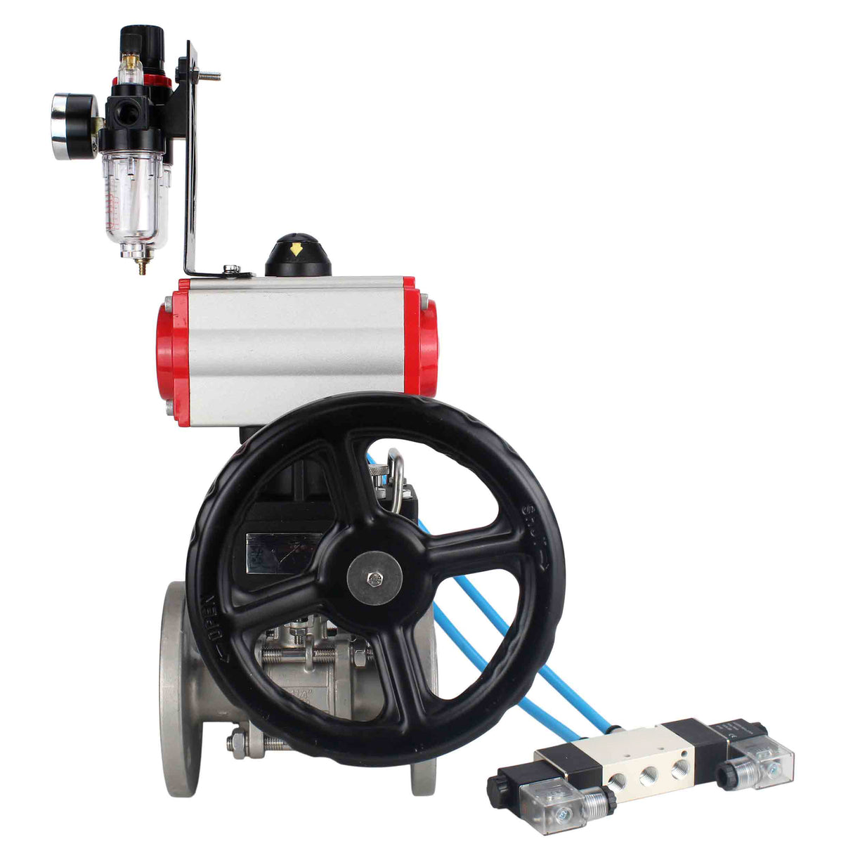 Ball valves Elephant BV3131P(3pc)-FP-F-ISO-H DN15-40 16 bar, three-piece full bore flanged, stainless steel SS304, PTFE, with double-acting PA-DA pneumatic actuator, with pneumatic distributor 4V320-08 220V, manual DNbler MON1-250-T26-ISO, with ATU AFC20