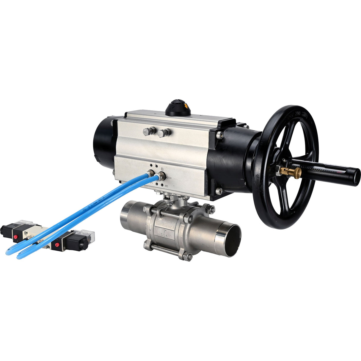 Ball valves Elephant BV3131P(3pc)-FP-W-ISO-H LONG, body material - Stainless steel AISI 304, seal - PTFE / PTFE / Teflon, with pneumatic actuator double action PA-DA-105-1, 4V320-10 220V