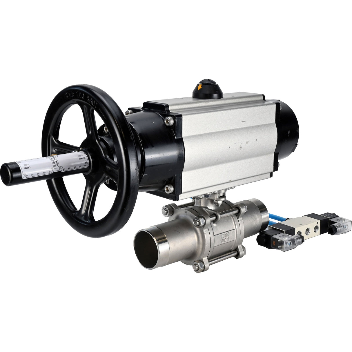 Ball valves Elephant BV3131P(3pc)-FP-W-ISO-H LONG, body material - Stainless steel AISI 304, seal - PTFE / PTFE / Teflon, with pneumatic actuator double action PA-DA-105-1, 4V320-10 220V