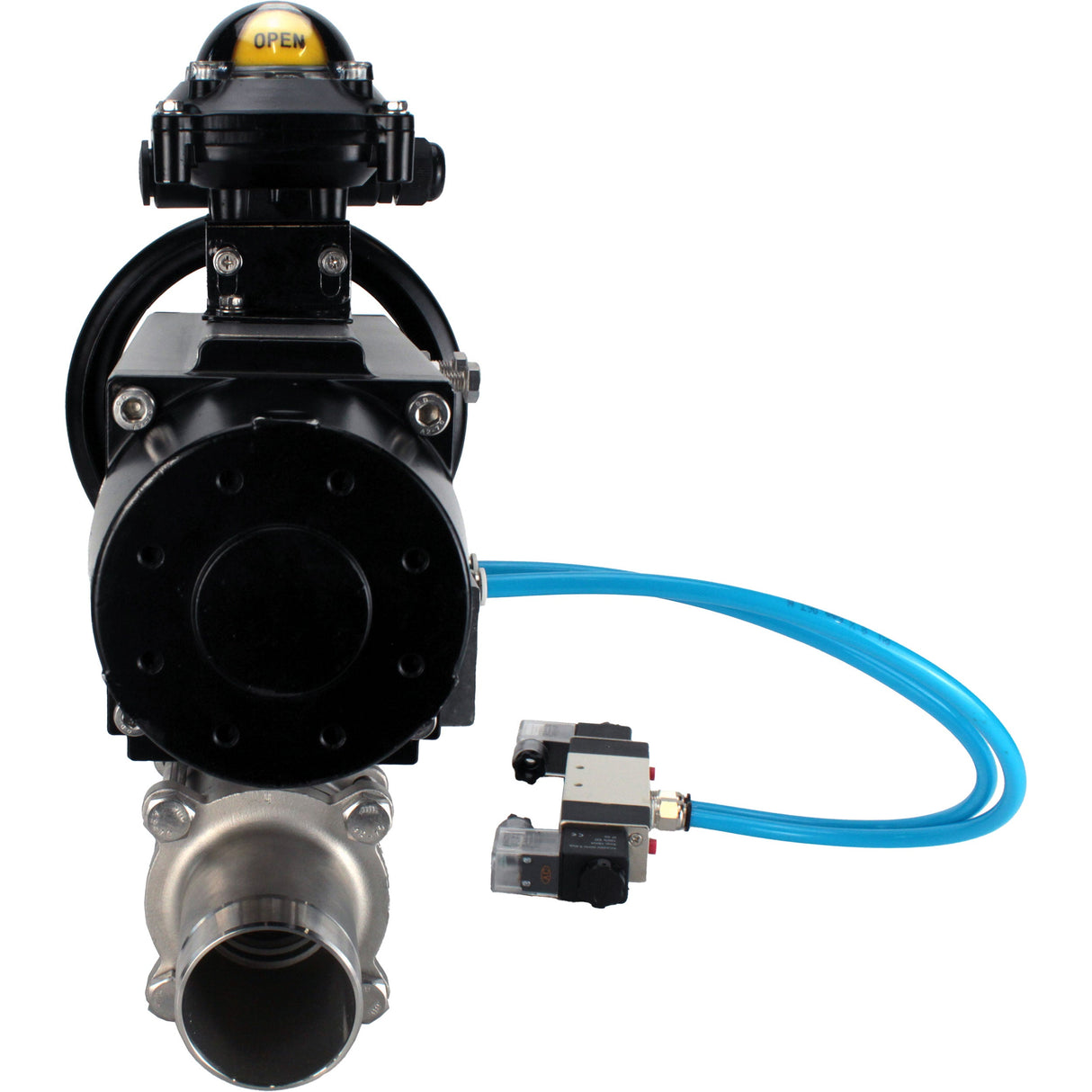 Ball valves Elephant BV3131P(3pc)-FP-W-ISO-H LONG, body material - Stainless steel AISI 304, seal - PTFE / PTFE / Teflon, with pneumatic actuator double action PA-DA-105-1, 4V320-10 220V, LSU APL-210N