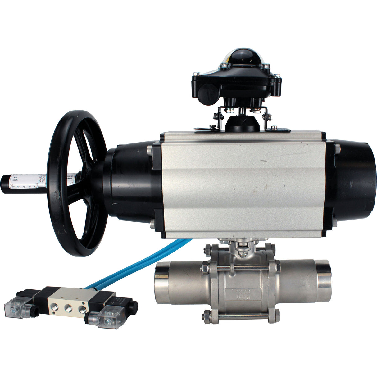 Ball valves Elephant BV3131P(3pc)-FP-W-ISO-H LONG, body material - Stainless steel AISI 304, seal - PTFE / PTFE / Teflon, with pneumatic actuator double action PA-DA-105-1, 4V320-08 220V, LSU APL-210N