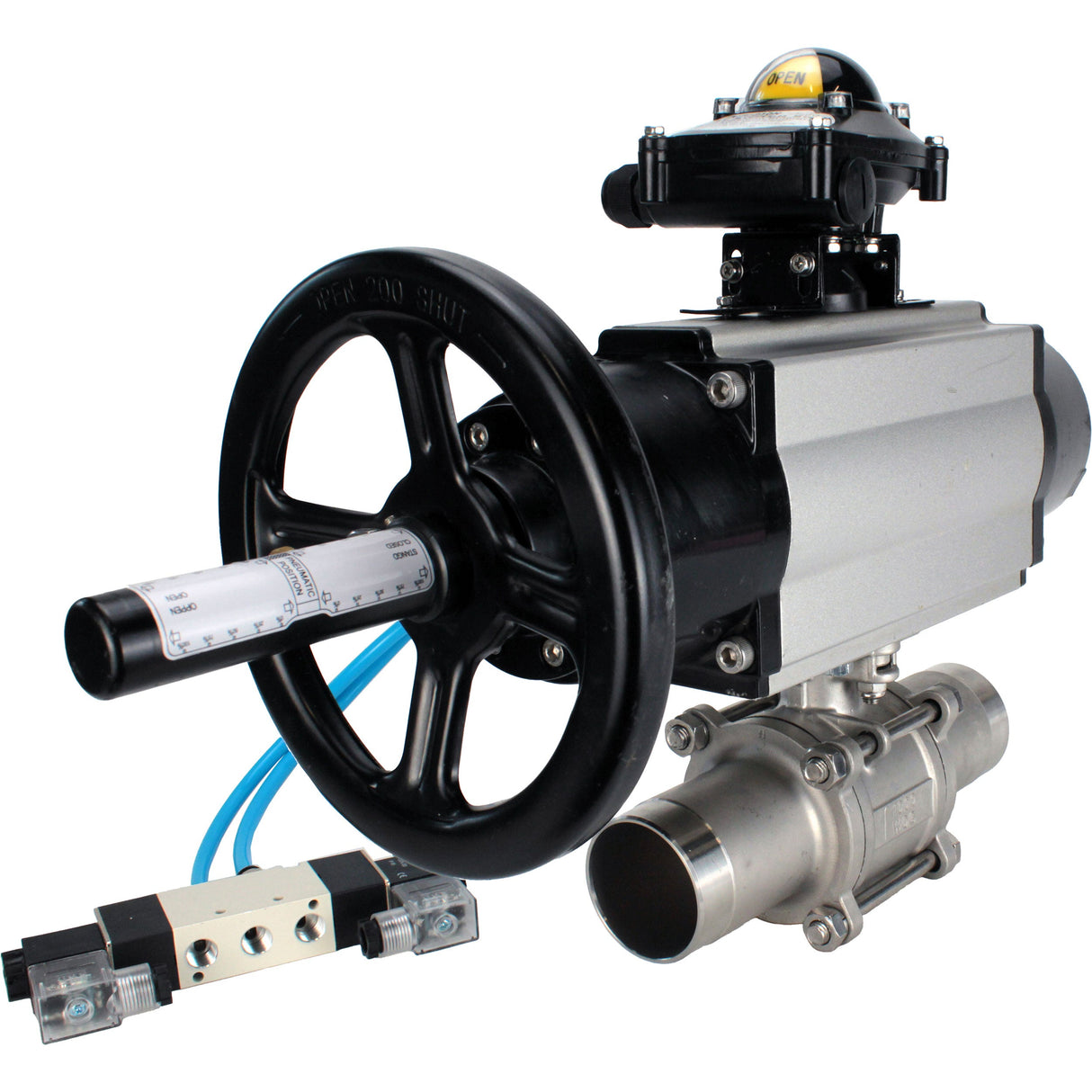 Ball valves Elephant BV3131P(3pc)-FP-W-ISO-H LONG, body material - Stainless steel AISI 304, seal - PTFE / PTFE / Teflon, with pneumatic actuator double action PA-DA-105-1, 4V320-08 220V, LSU APL-210N