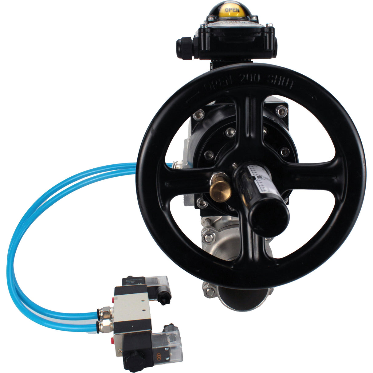 Ball valves Elephant BV3131P(3pc)-FP-W-ISO-H LONG, body material - Stainless steel AISI 304, seal - PTFE / PTFE / Teflon, with pneumatic actuator double action PA-DA-105-1, 4V320-08 220V, LSU APL-210N