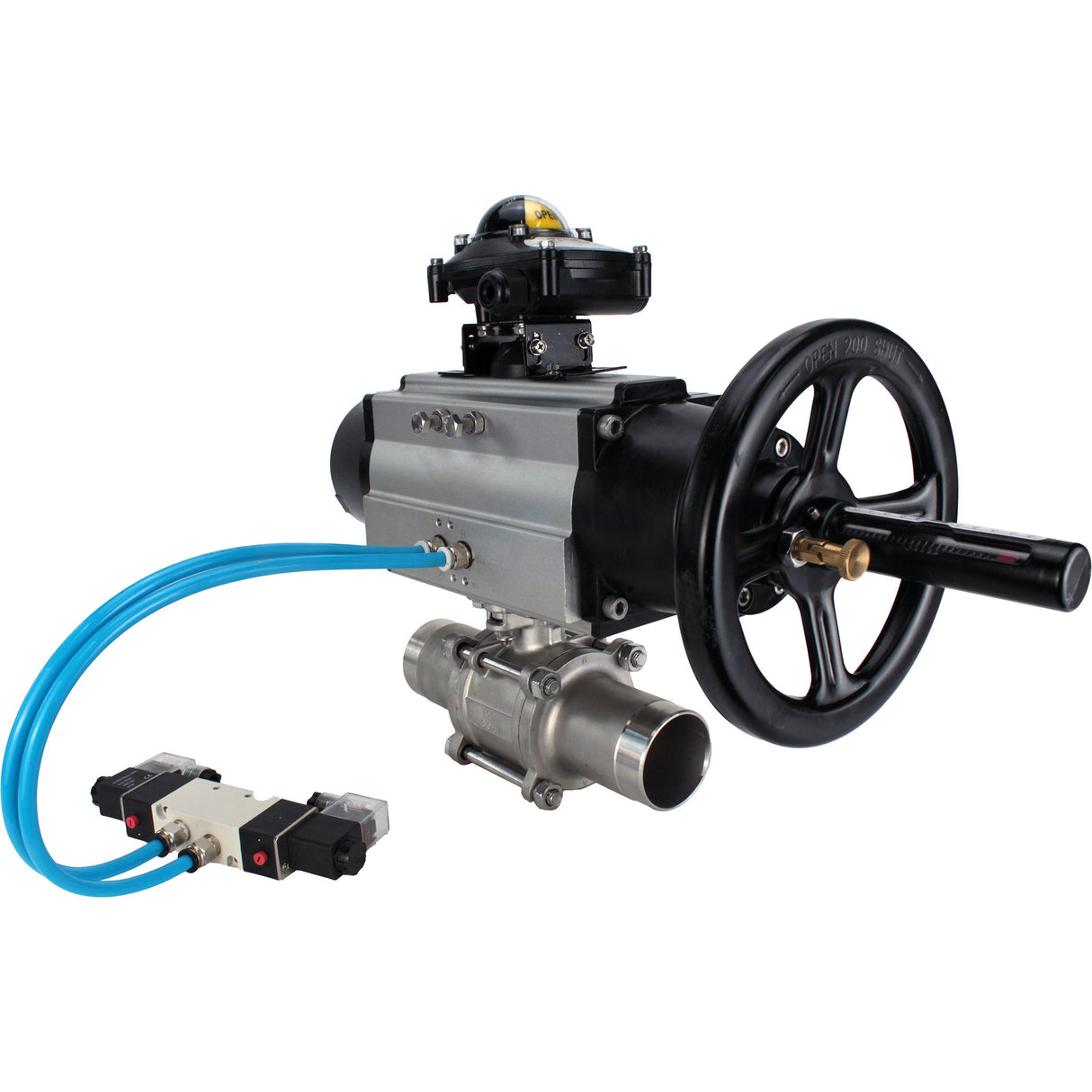 Ball valves Elephant BV3131P(3pc)-FP-W-ISO-H LONG, body material - Stainless steel AISI 304, seal - PTFE / PTFE / Teflon, with pneumatic actuator double action PA-DA-105-1, 4V320-08 220V, LSU APL-210N