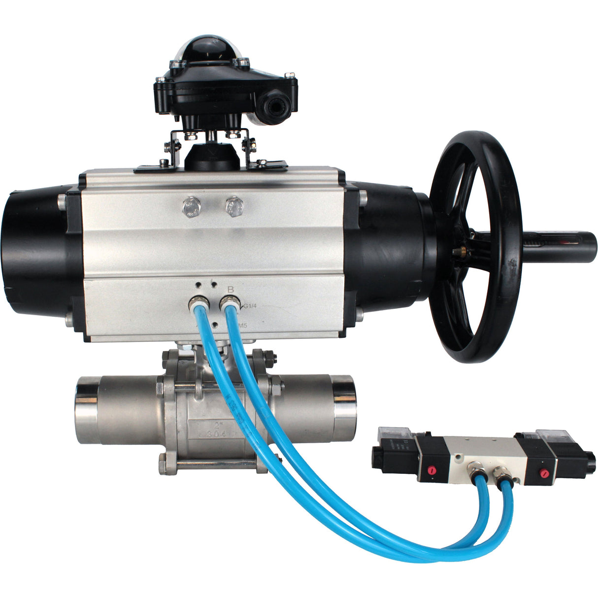Ball valves Elephant BV3131P(3pc)-FP-W-ISO-H LONG, body material - Stainless steel AISI 304, seal - PTFE / PTFE / Teflon, with pneumatic actuator double action PA-DA-105-1, 4V320-08 220V, LSU APL-210N