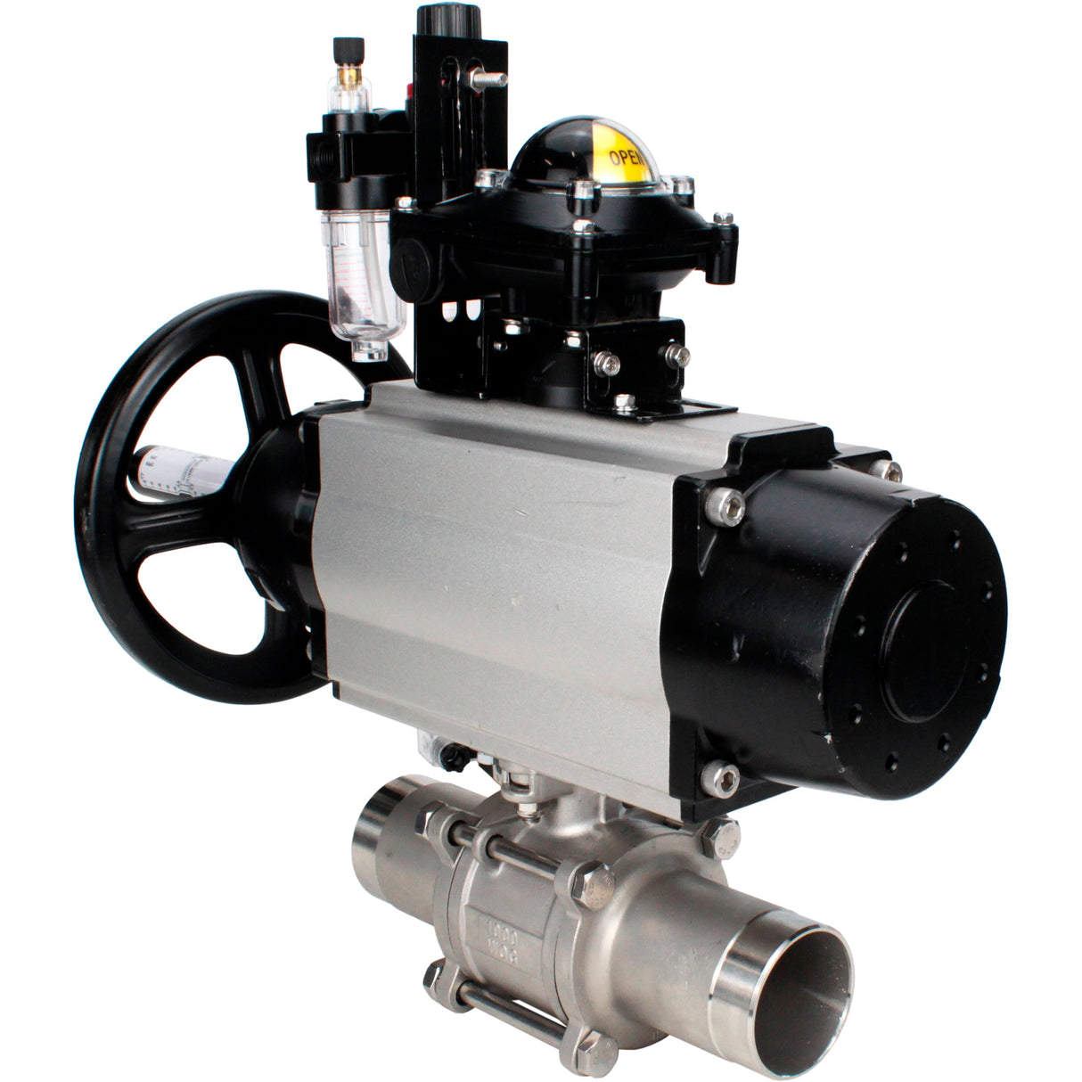 Ball valves Elephant BV3131P(3pc)-FP-W-ISO-H LONG, body material - Stainless steel AISI 304, seal - PTFE / PTFE / Teflon, with pneumatic actuator double action PA-DA-105-1, 4V320-10 220V, LSU APL-210N, ATU AFC2000
