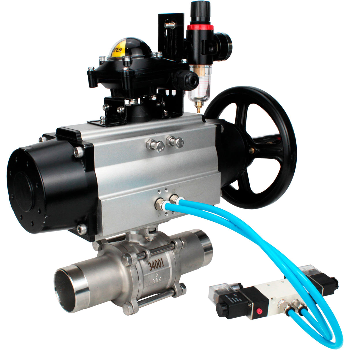 Ball valves Elephant BV3131P(3pc)-FP-W-ISO-H LONG, body material - Stainless steel AISI 304, seal - PTFE / PTFE / Teflon, with pneumatic actuator double action PA-DA-105-1, 4V320-10 220V, LSU APL-210N, ATU AFC2000