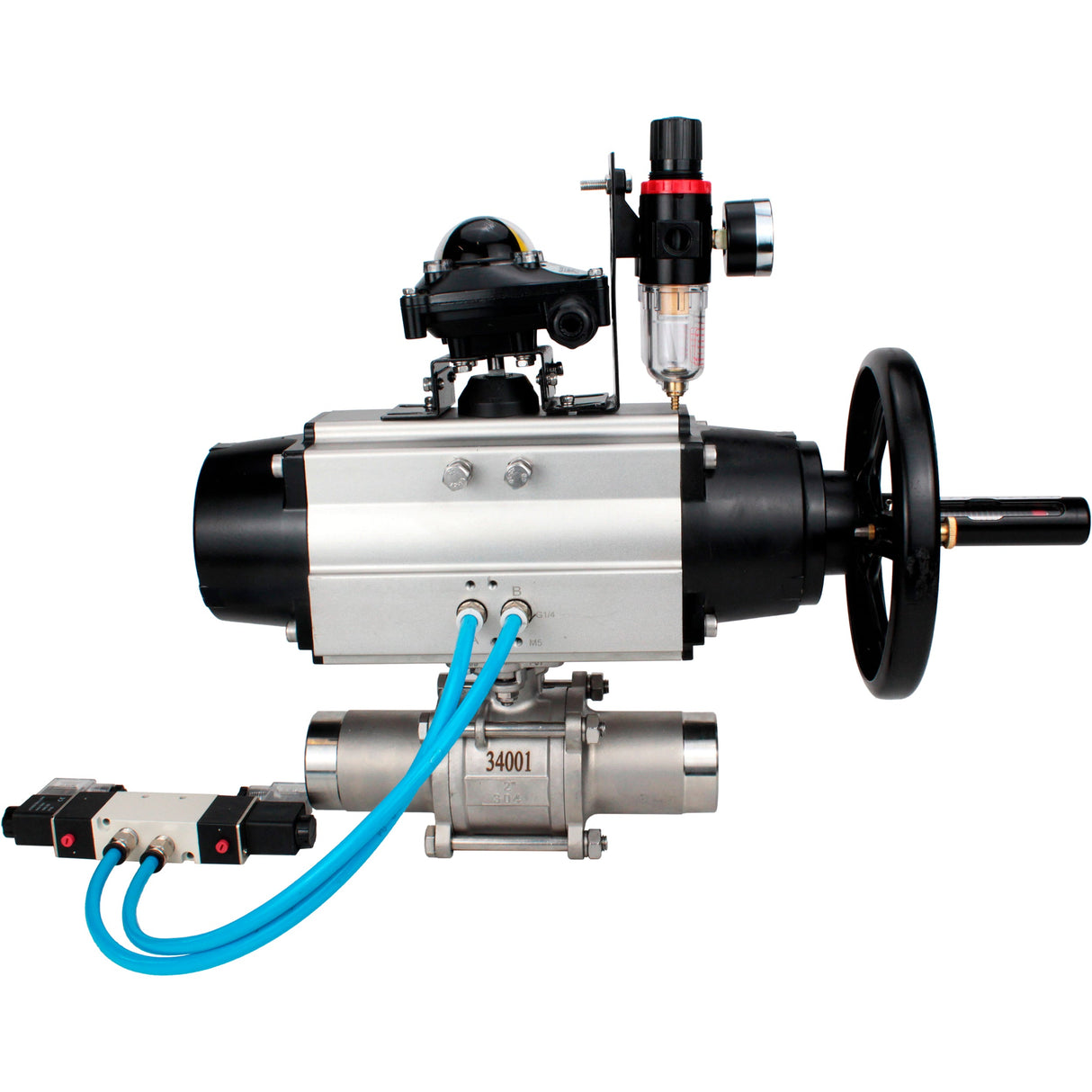 Ball valves Elephant BV3131P(3pc)-FP-W-ISO-H LONG, body material - Stainless steel AISI 304, seal - PTFE / PTFE / Teflon, with pneumatic actuator double action PA-DA-105-1, 4V320-10 220V, LSU APL-210N, ATU AFC2000