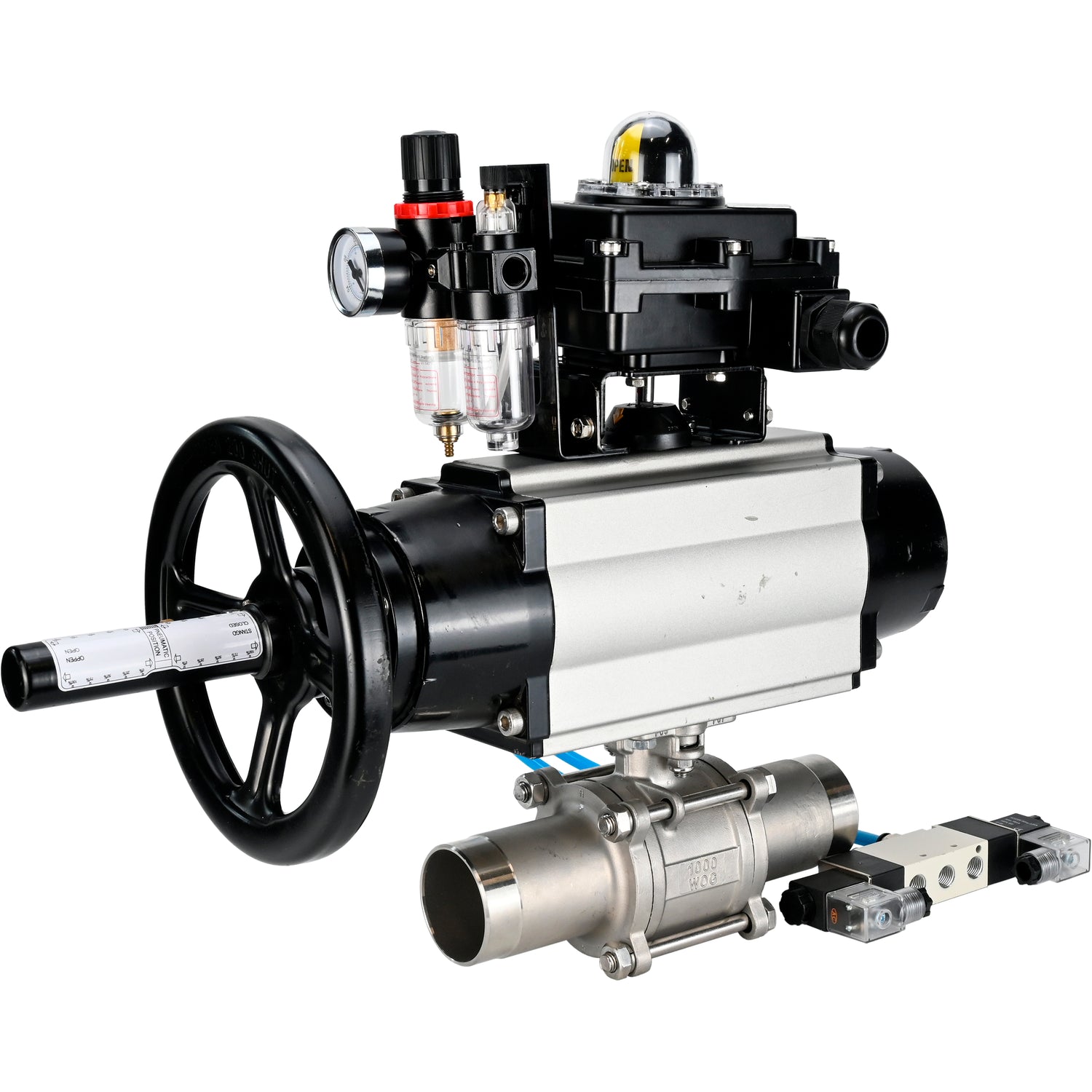 Ball valves Elephant BV3232P(3pc)-FP-W-ISO-H LONG,  body material - Stainless steel AISI 316, seal - PTFE / PTFE / Teflon, with pneumatic actuator double action PA-DA-105-1, 4V320-10 220V, LSU APL-410N Ex, ATU AFC2000