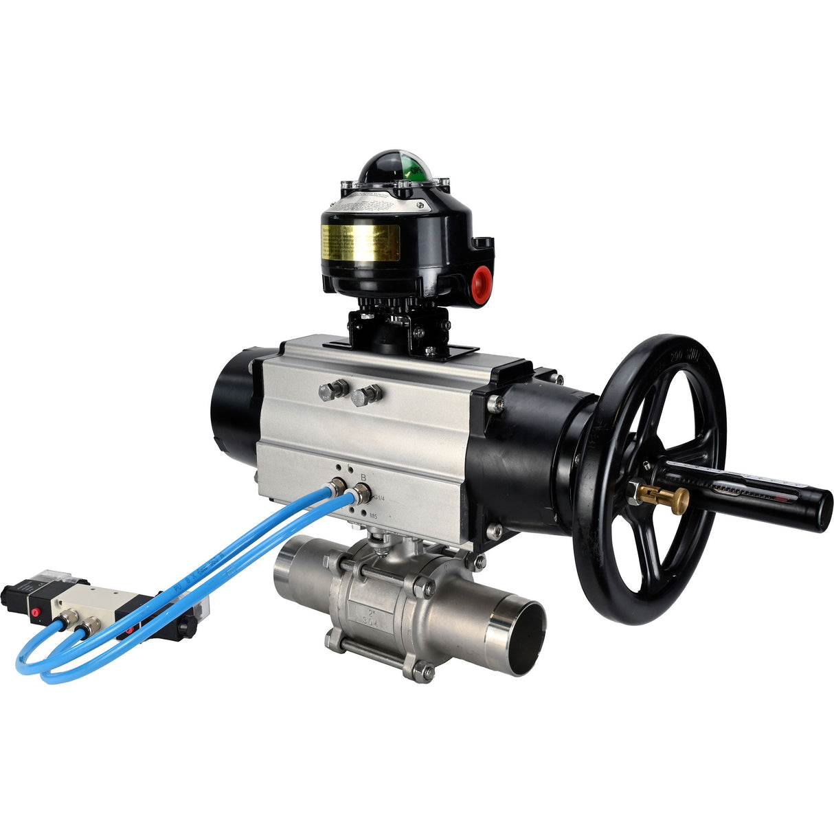 Ball valves Elephant BV3131P(3pc)-FP-W-ISO-H LONG, body material - Stainless steel AISI 304, seal - PTFE / PTFE / Teflon, with pneumatic actuator double action PA-DA-105-1, 4V320-10 220V, LSU APL-510N Ex