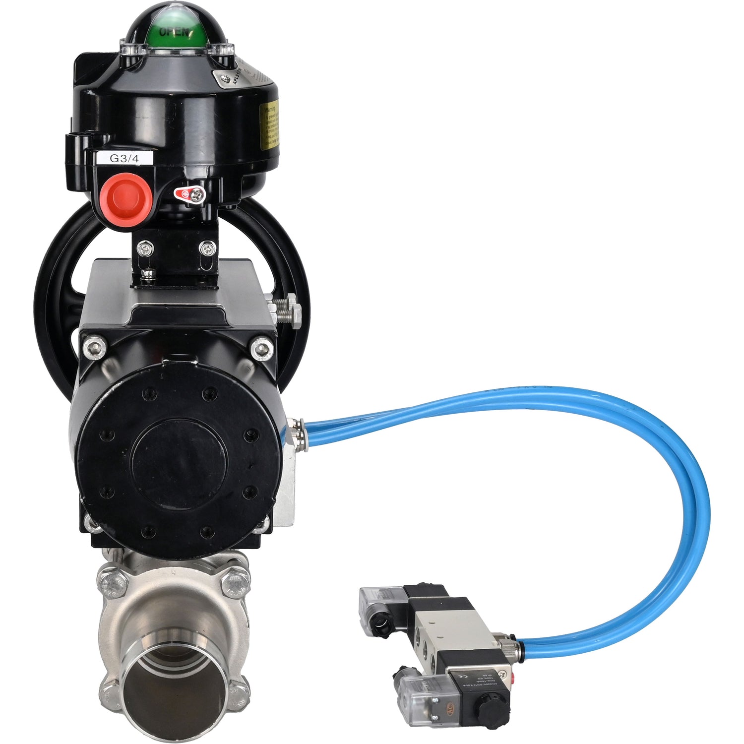 Ball valves Elephant BV3232P(3pc)-FP-W-ISO-H LONG,  body material - Stainless steel AISI 316, seal - PTFE / PTFE / Teflon, with pneumatic actuator double action PA-DA-105-1, 4V320-10 220V, LSU APL-510N Ex