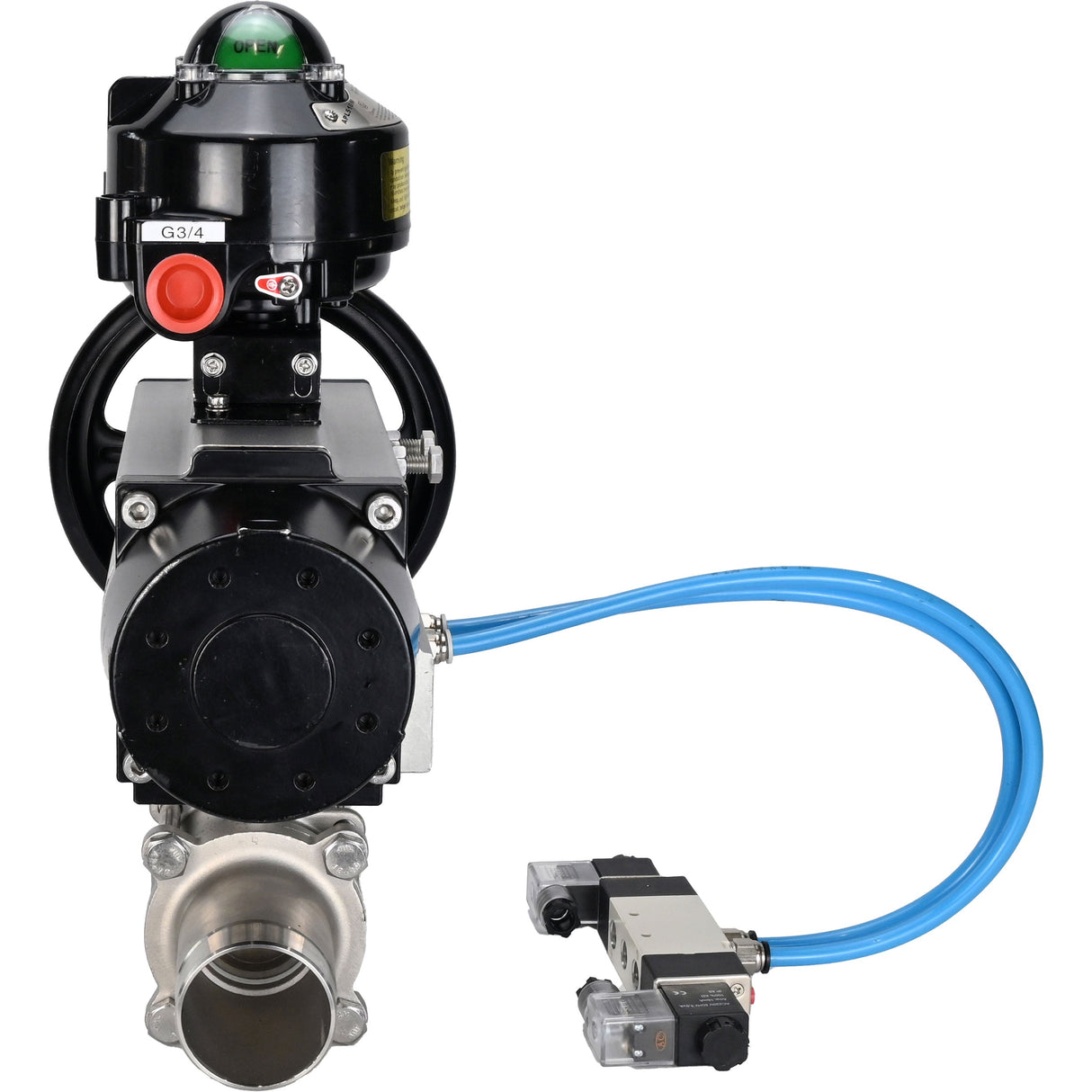 Ball valves Elephant BV3131P(3pc)-FP-W-ISO-H LONG, body material - Stainless steel AISI 304, seal - PTFE / PTFE / Teflon, with pneumatic actuator double action PA-DA-105-1, 4V320-08 220V, LSU APL-510N Ex