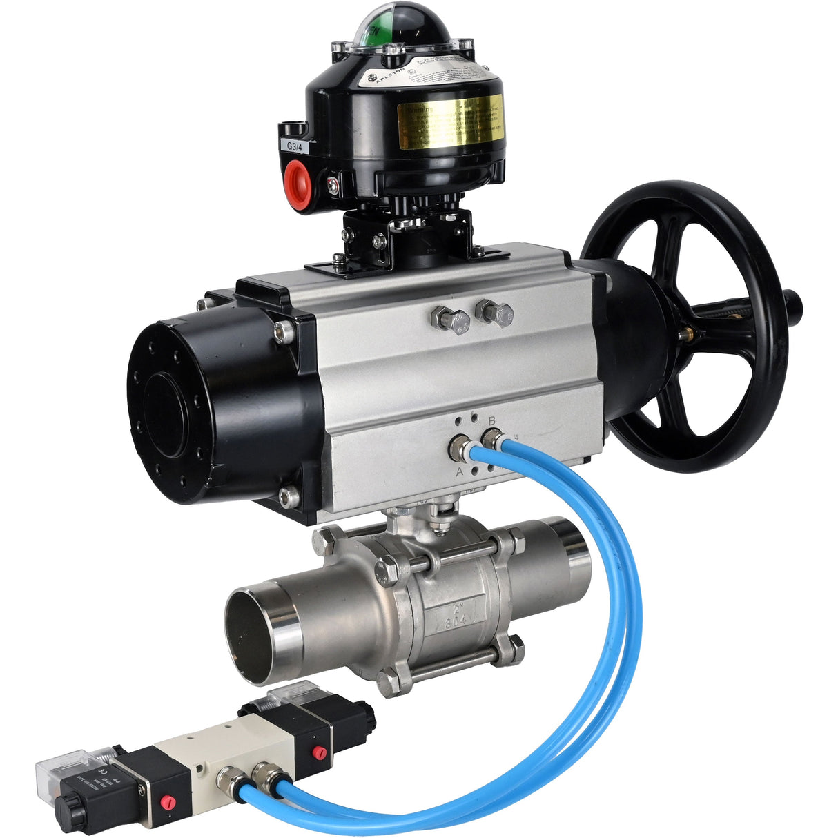 Ball valves Elephant BV3131P(3pc)-FP-W-ISO-H LONG, body material - Stainless steel AISI 304, seal - PTFE / PTFE / Teflon, with pneumatic actuator double action PA-DA-105-1, 4V320-10 220V, LSU APL-510N Ex