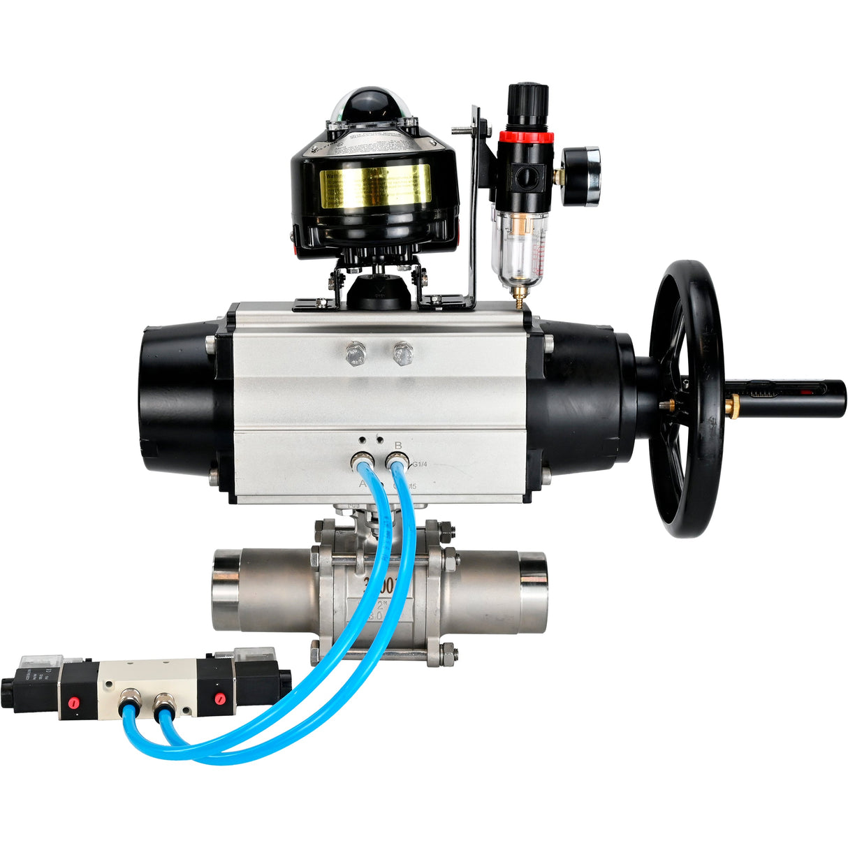 Ball valves Elephant BV3131P(3pc)-FP-W-ISO-H LONG, body material - Stainless steel AISI 304, seal - PTFE / PTFE / Teflon, with pneumatic actuator double action PA-DA-105-1, 4V320-10 220V, LSU APL-510N Ex, ATU AFC2000