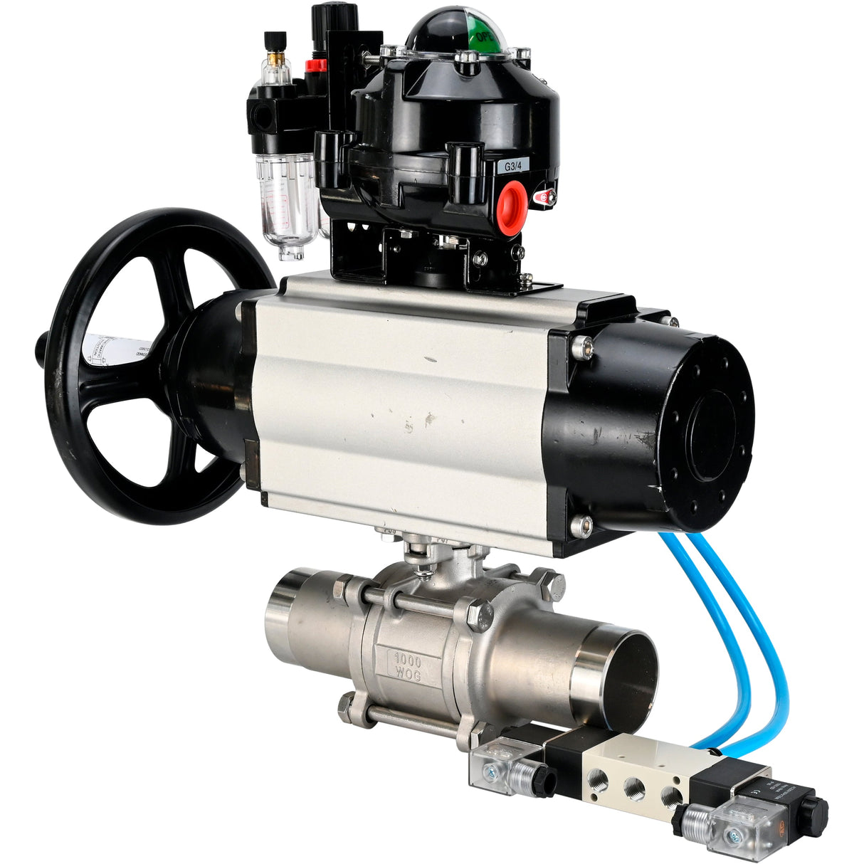 Ball valves Elephant BV3131P(3pc)-FP-W-ISO-H LONG, body material - Stainless steel AISI 304, seal - PTFE / PTFE / Teflon, with pneumatic actuator double action PA-DA-105-1, 4V320-10 220V, LSU APL-510N Ex, ATU AFC2000