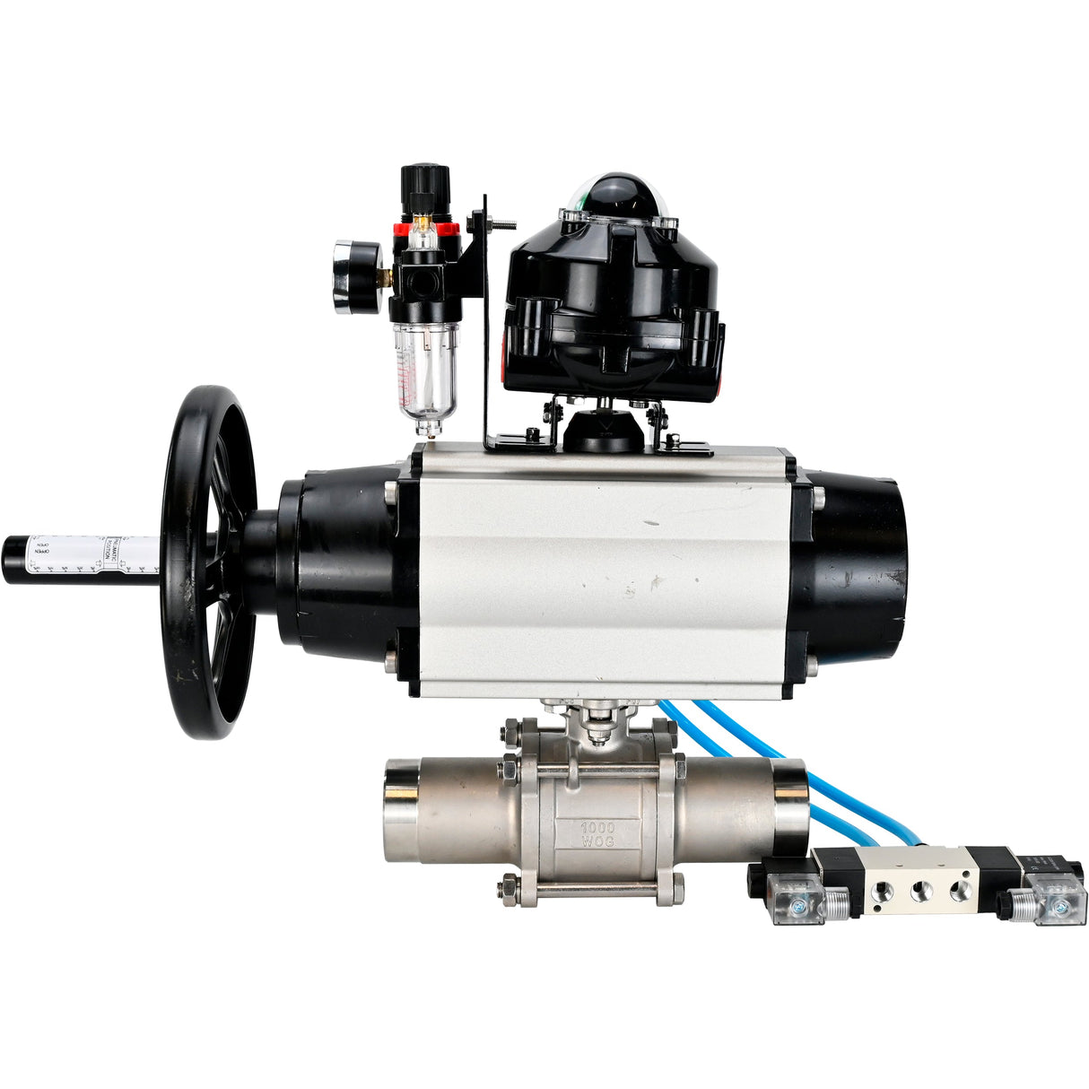 Ball valves Elephant BV3131P(3pc)-FP-W-ISO-H LONG, body material - Stainless steel AISI 304, seal - PTFE / PTFE / Teflon, with pneumatic actuator double action PA-DA-105-1, 4V320-10 220V, LSU APL-510N Ex, ATU AFC2000