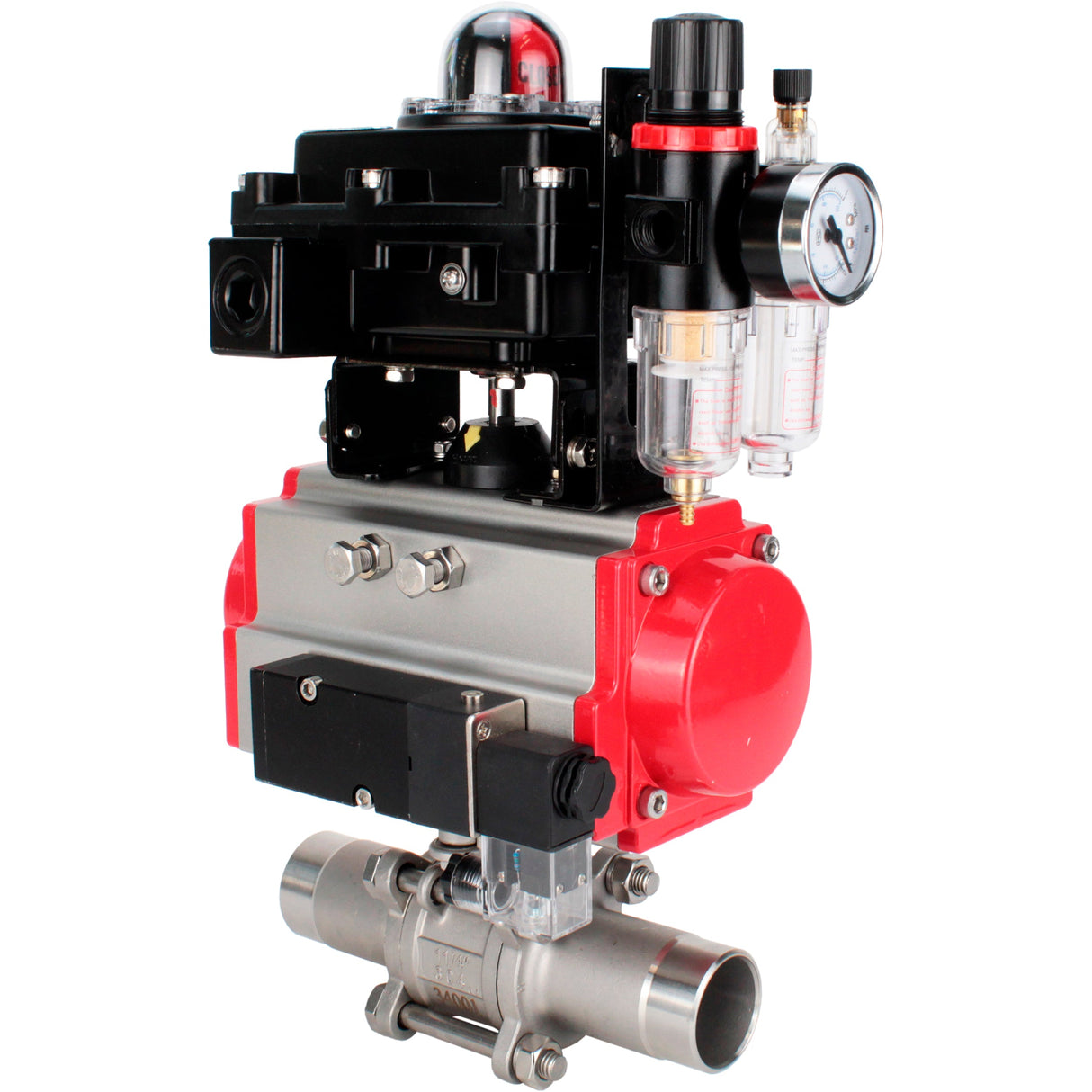 Robinets à boisseau sphérique Elephant BV3232P(3pc)-FP-W-ISO-H LONG DN10-150 passage intégral, corps - acier inoxydable 316, à souder, avec actionneur pneumatique PA-DA, distributeur pneumatique 4M310-08 24V, BKV APL-410N EX et GSV AFC2000