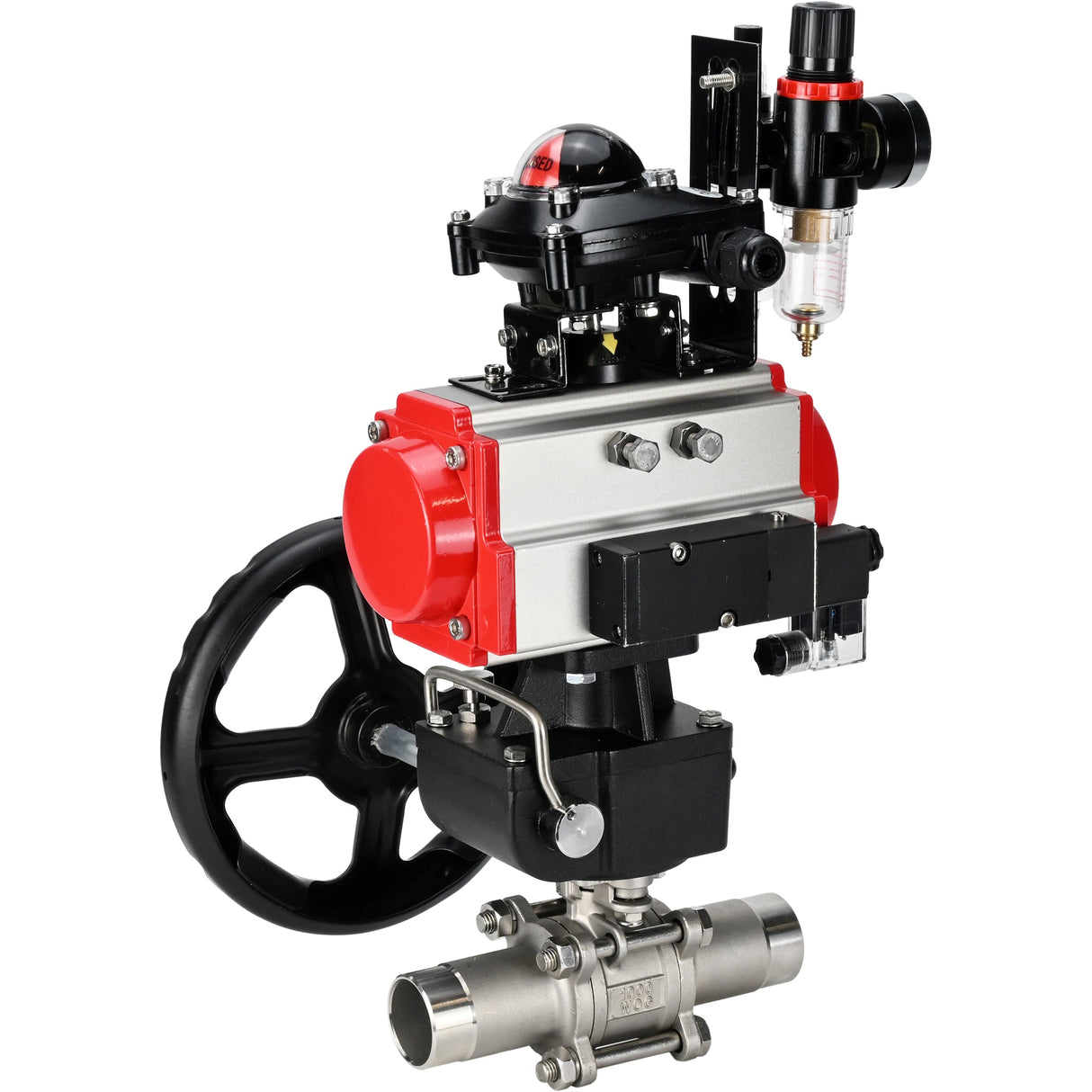 Robinets à boisseau sphérique Elephant BV3232P(3pc)-FP-W-ISO-H LONG DN50-150 passage intégral, corps - acier inoxydable 316, à souder, avec actionneur pneumatique PA-DA, distributeur pneumatique 4M310-08 220V, réducteur MON, BKV APL-210N et BPV AFC2000