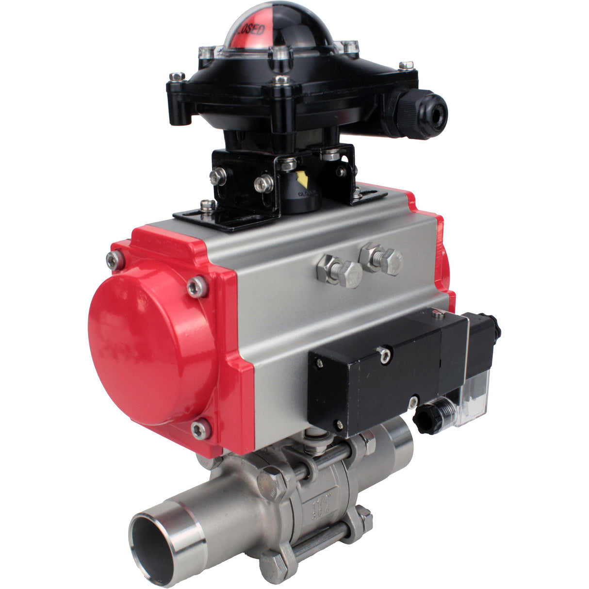 Vannes à boisseau sphérique Elephant BV3232P(3pc)-FP-W-ISO-H LONG passage intégral, corps - acier inoxydable 316, à souder, avec actionneur pneumatique Elephant PA-SA, distributeur pneumatique 4M310-08 220V et bloc de fin de course APL-210N